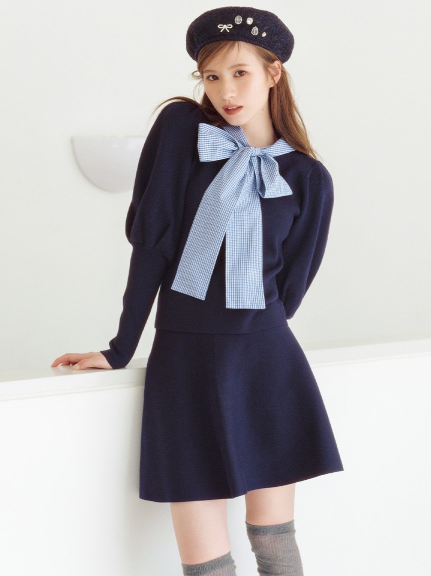 【リリーブラウン/Lily Brown】の【NEW YEAR S SPECIAL ITEM】ボウタイニットセットアップ インテリア・キッズ・メンズ・レディースファッション・服の通販 founy(ファニー) 　ファッション　Fashion　レディースファッション　Fashion for Women　トップス・カットソー　Cut & Sew Tops　ニット　Knit Tops & Sweaters　スマート　Smart, Elegant　セットアップ　Set-Up, Coordinated Outfit　チェック　Check, Plaid, Tartan　トレンド　Trend, Trending Now　人気　Popular, Best Seller　バランス　Balance, Style Balance　フィット　Fit, Slim Fit　フレア　Flare, Flared　NVY[089]|ID: prp329100004823972 ipo3291000000035080843