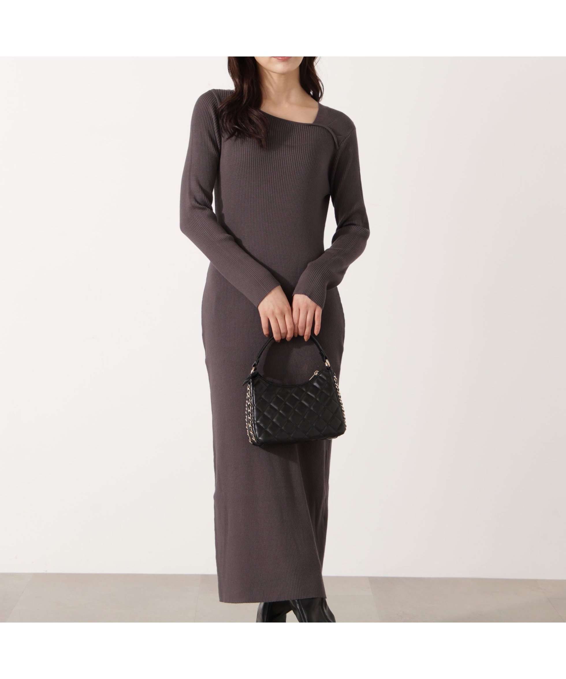 【プロポーション ボディドレッシング/PROPORTION BODY DRESSING】のデコルテアシメリブニットワンピース インテリア・キッズ・メンズ・レディースファッション・服の通販 founy(ファニー) 　ファッション　Fashion　レディースファッション　Fashion for Women　ワンピース　Dresses　ニットワンピース　Knit Dresses　アシンメトリー　Asymmetrical Style　ジャケット　Jacket, Outerwear　マーメイド　Mermaid, Fishtail Silhouette　チャコール2|ID: prp329100004823974 ipo3291000000035080863