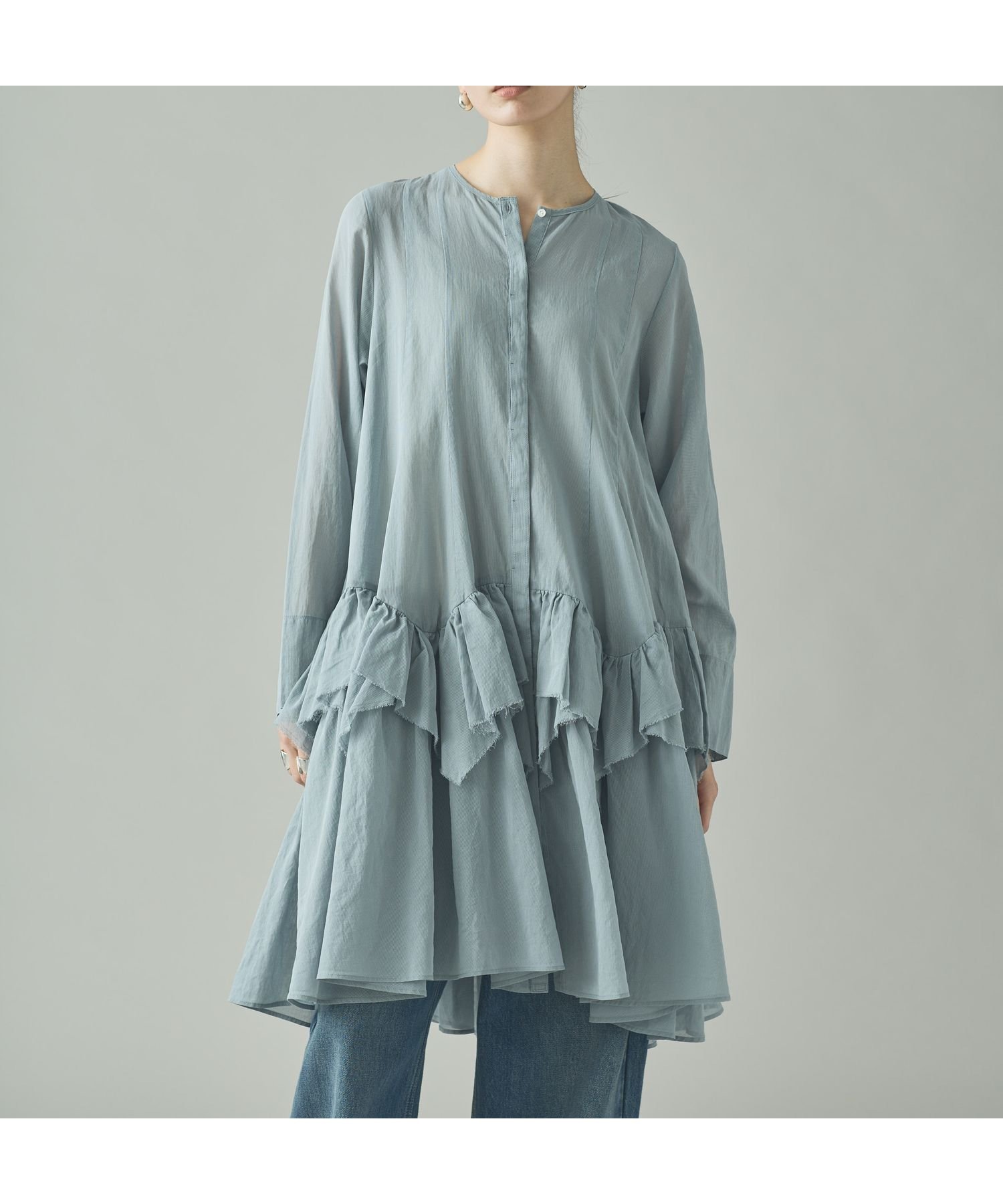 【カレンソロジー/Curensology】の【先行 】ランダムフリルアキハボイルブラウス インテリア・キッズ・メンズ・レディースファッション・服の通販 founy(ファニー) 　ファッション　Fashion　レディースファッション　Fashion for Women　トップス・カットソー　Cut & Sew Tops　シャツ・ブラウス・オフィスカジュアル　Elegant Blouses & Button-Ups　エレガント 上品　Elegant　ショート　Short, Short Length　ストライプ　Stripe, Striped Pattern　チュニック　Tunic, Long Top　バランス　Balance, Style Balance　フリル　Frill, Ruffle　ランダム　Random, Irregular　ロング　Long, Long-Length　ライトブルー|ID: prp329100004824006 ipo3291000000035081269