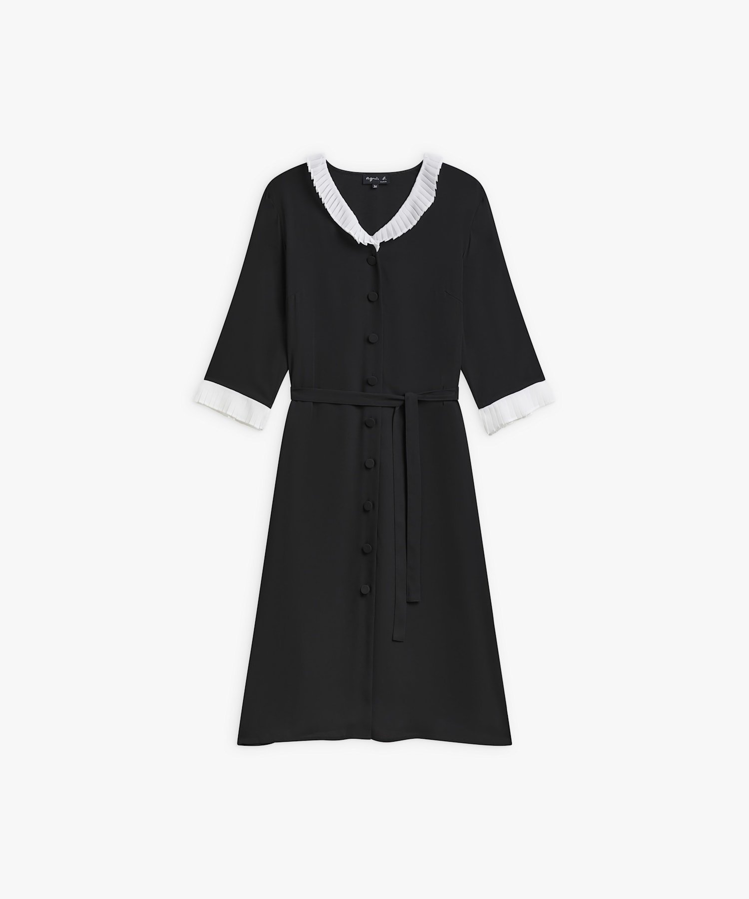【アニエスベー ファム/agnes b. FEMME】のプリーツカラー 長袖 Vネック ワンピース インテリア・キッズ・メンズ・レディースファッション・服の通販 founy(ファニー) 　ファッション　Fashion　レディースファッション　Fashion for Women　ワンピース　Dresses　クラシカル　Classical, Vintage-Inspired　スタイリッシュ　Stylish, Fashionable　フィット　Fit, Slim Fit　プリーツ　Pleats, Pleated　リボン　Ribbon, Bow　エレガント 上品　Elegant　長袖　Long Sleeve, Full Sleeve　ブラック|ID: prp329100004824029 ipo3291000000035081465