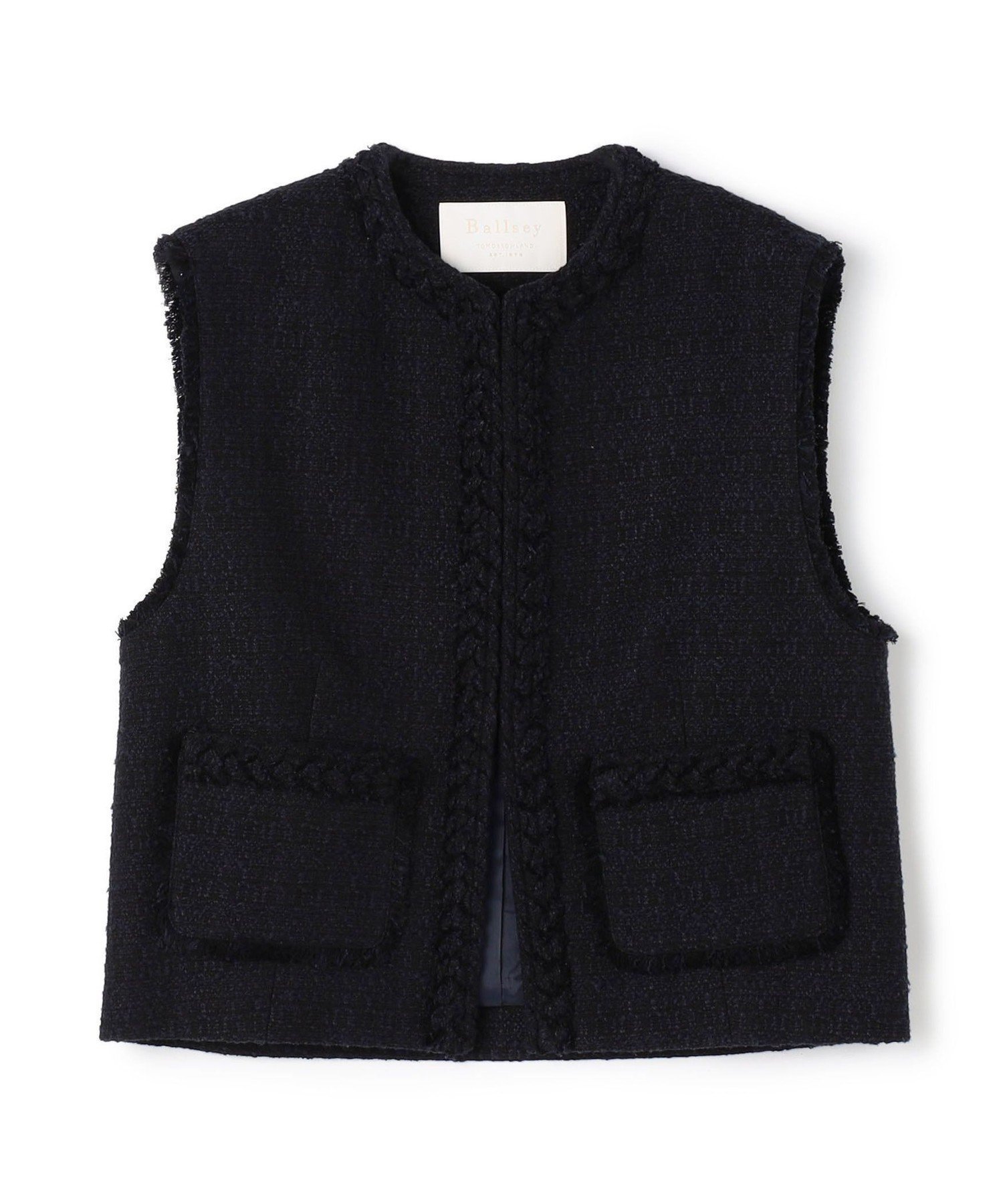 【トゥモローランド/TOMORROWLAND】のコットンスラブツイード ショートジレ インテリア・キッズ・メンズ・レディースファッション・服の通販 founy(ファニー) 　ファッション　Fashion　レディースファッション　Fashion for Women　アウター　Coat / Outerwear Collection　トップス・カットソー　Cut & Sew Tops　ベスト&ジレ / 重ね着スタイル　Vests & Gilets　オケージョン　Occasion Wear　コンパクト　Compact, Small Size　ツイード　Twill, Twill Weave　ハンド　Hand, Handmade　ブレード　Braid, Decorative Trim　ボトム　Bottoms, Lower Wear　ビジネス 仕事 通勤　Business / Work / Commuting　手編み　Hand-Knitted, Handmade Knit　69 ネイビー|ID: prp329100004824048 ipo3291000000035081706