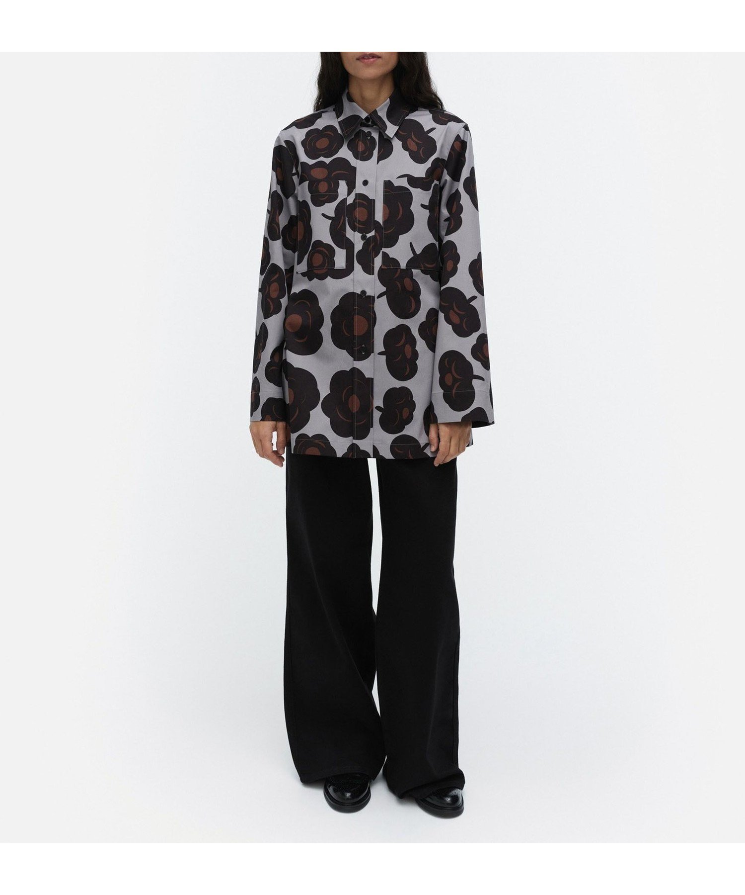 【マリメッコ/marimekko】のMaaria Tumma シャツ インテリア・キッズ・メンズ・レディースファッション・服の通販 founy(ファニー) ファッション Fashion レディースファッション Fashion for Women トップス・カットソー Cut & Sew Tops シャツ・ブラウス・オフィスカジュアル Elegant Blouses & Button-Ups パターン Pattern, Design Print フロント Front, Front Design プリーツ Pleats, Pleated グレー×ブラック×ブラウン|ID: prp329100004824101 ipo3291000000035082189