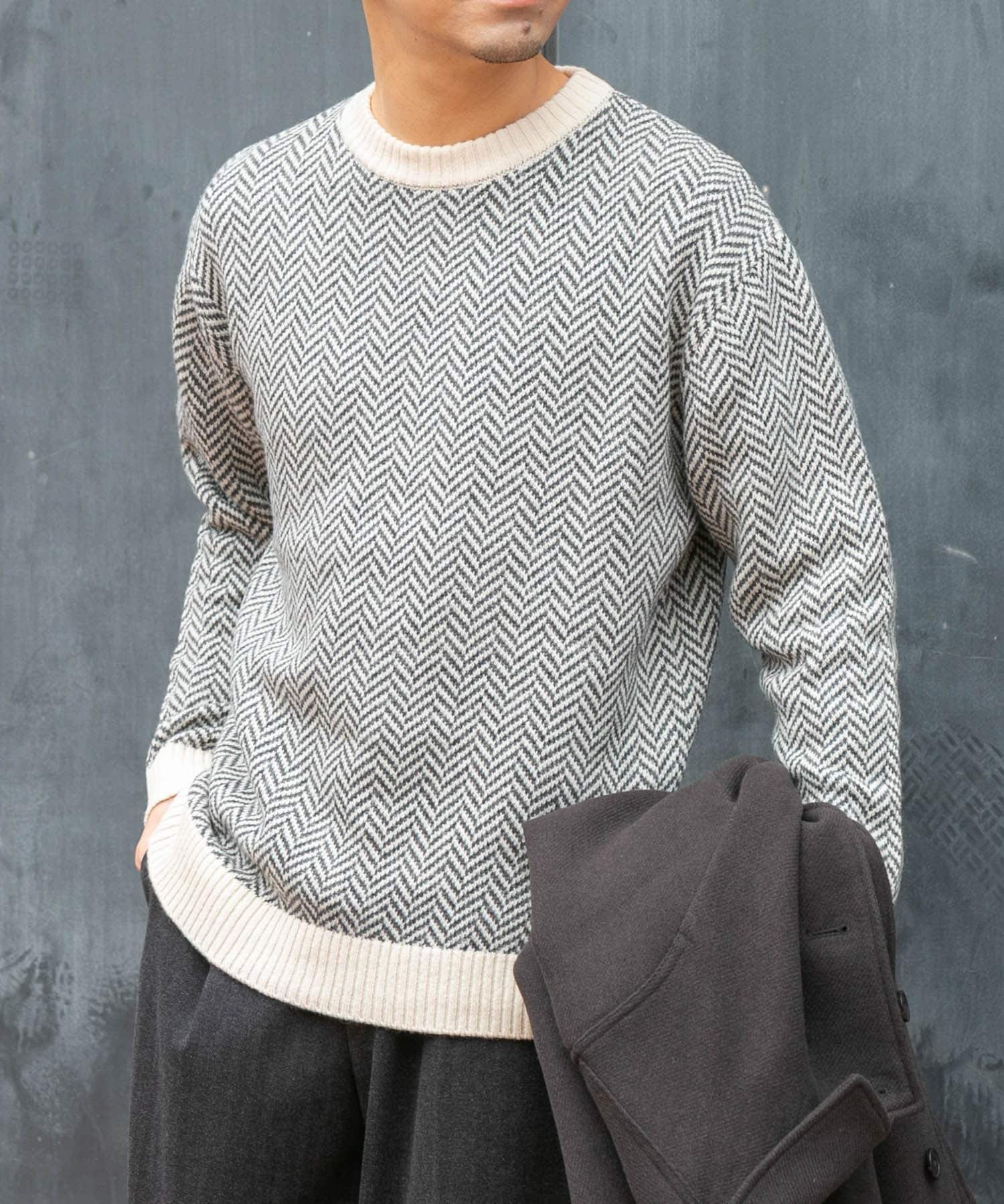 【アーバンリサーチ ロッソ/URBAN RESEARCH ROSSO / MEN】の『XLサイズあり』ヘリンボーン柄クルーネックニット インテリア・キッズ・メンズ・レディースファッション・服の通販 founy(ファニー) 　ファッション　Fashion　メンズファッション　Fashion for Men　インナー　Innerwear　カットソー　Cut and Sewn Top　クラシカル　Classical, Vintage-Inspired　デニム　Denim, Jeans Material　ベーシック　Basic, Essential　モダン　Modern, Contemporary　A/W・秋冬　Autumn/Winter　冬　Winter / This Winter　エレガント 上品　Elegant　2025年　2025　2025-2026秋冬・A/W　Autumn/Winter 2025–26 AW25–26　IVORY|ID: prp329100004824304 ipo3291000000035085153