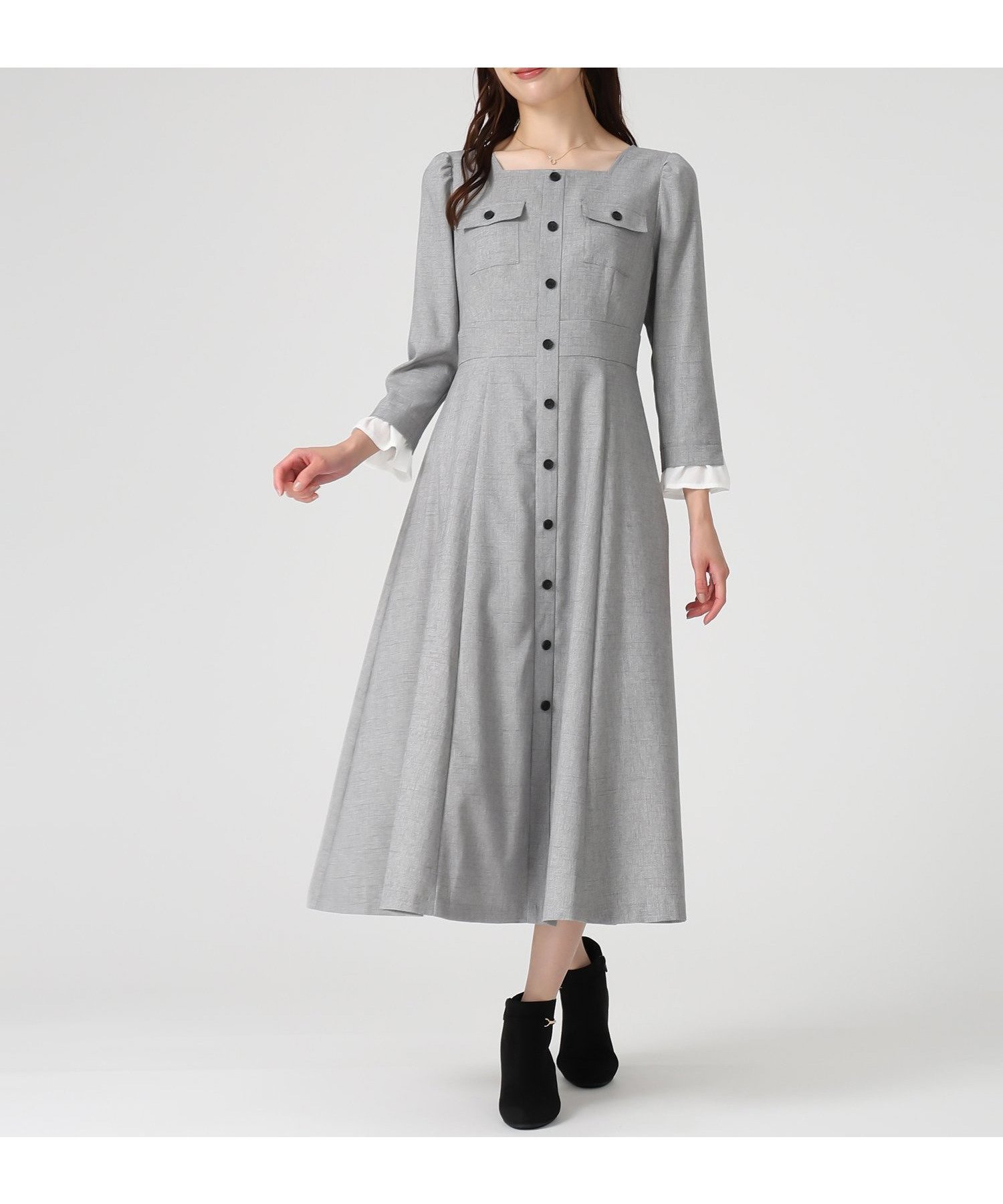 【ミッシュマッシュ/MISCH MASCH】のMM547402 フロント釦ツイード風フレアワンピース インテリア・キッズ・メンズ・レディースファッション・服の通販 founy(ファニー) 　ファッション　Fashion　レディースファッション　Fashion for Women　ワンピース　Dresses　クラシカル　Classical, Vintage-Inspired　シャーリング　Shirring, Ruched　ツイード　Twill, Twill Weave　フリル　Frill, Ruffle　フレア　Flare, Flared　フロント　Front, Front Design　エレガント 上品　Elegant　ライトグレー|ID: prp329100004824563 ipo3291000000035087999