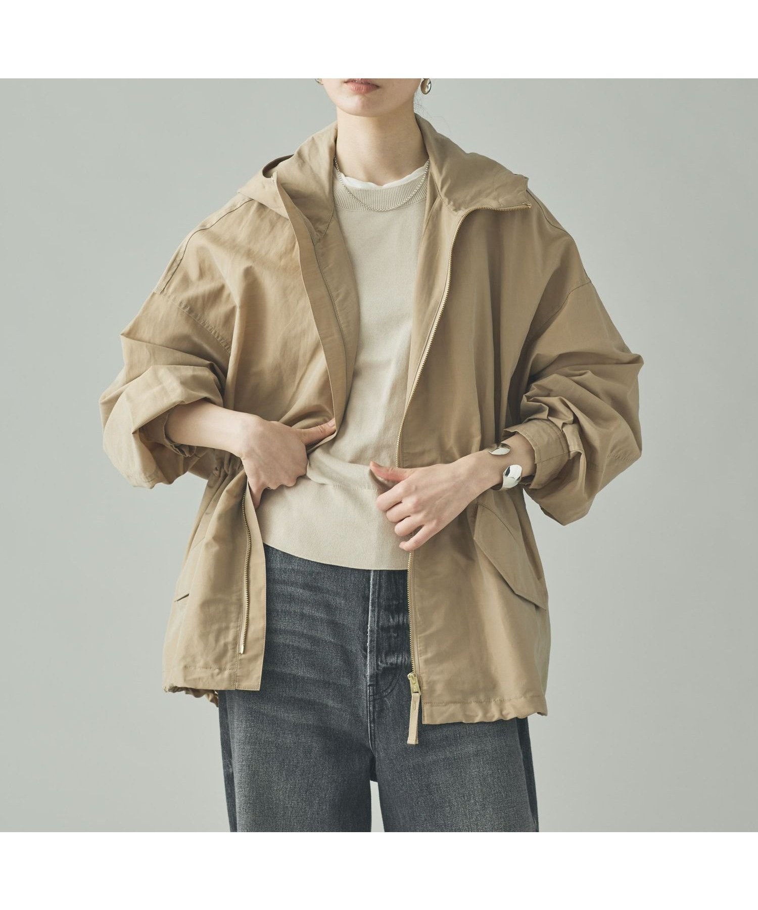 【カレンソロジー/Curensology】のナイロンラミーフードブルゾン インテリア・キッズ・メンズ・レディースファッション・服の通販 founy(ファニー) 　ファッション　Fashion　レディースファッション　Fashion for Women　アウター　Coat / Outerwear Collection　ブルゾンジャケット・スポーティアウター　Blouson Jackets　エレガント 上品　Elegant　定番　Standard, Basic Item　ブルゾン　Blouson, Bomber Jacket　ベーシック　Basic, Essential　ベージュ|ID: prp329100004824575 ipo3291000000035088146