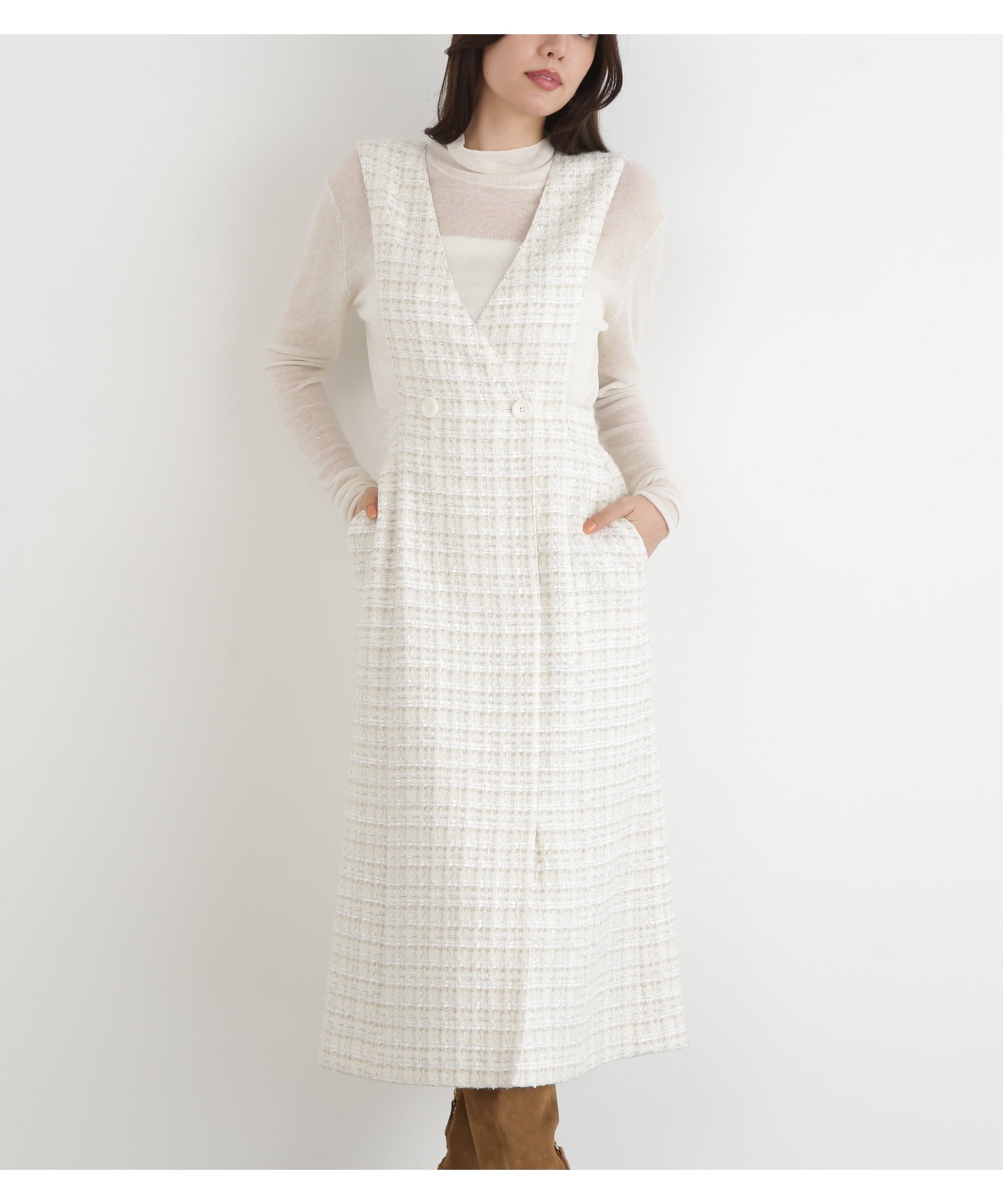 【ピンキーアンドダイアン/Pinky&Dianne】のループツイードジャンバースカート インテリア・キッズ・メンズ・レディースファッション・服の通販 founy(ファニー) 　ファッション　Fashion　レディースファッション　Fashion for Women　スカート　Skirts　インナー　Innerwear　スタンダード　Standard, Basic　ストレッチ　Stretch, Stretchy Fabric　ツイード　Twill, Twill Weave　ポケット　Pocket, Pocket Detail　ロング　Long, Long-Length　A/W・秋冬　Autumn/Winter　エクリュ1|ID: prp329100004824586 ipo3291000000035088288