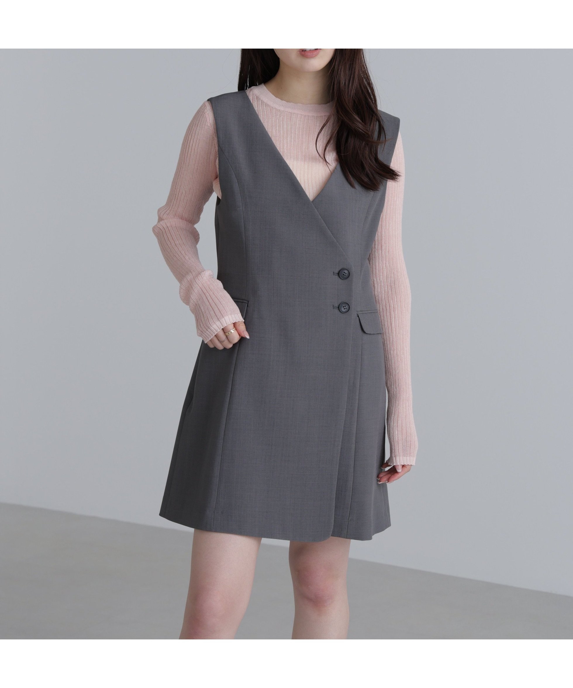 【フリーズマート/FREE'S MART】のジレ風ラップミニジャンパースカート2 インテリア・キッズ・メンズ・レディースファッション・服の通販 founy(ファニー) 　ファッション　Fashion　レディースファッション　Fashion for Women　アウター　Coat / Outerwear Collection　インナー　Innerwear　ダブル　Double, Double-Breasted　フラップ　Flap, Flap Pocket　フロント　Front, Front Design　ポケット　Pocket, Pocket Detail　ロング　Long, Long-Length　半袖　Short Sleeve, Half Sleeve　夏　Summer　長袖　Long Sleeve, Full Sleeve　グレー|ID: prp329100004824612 ipo3291000000035088739