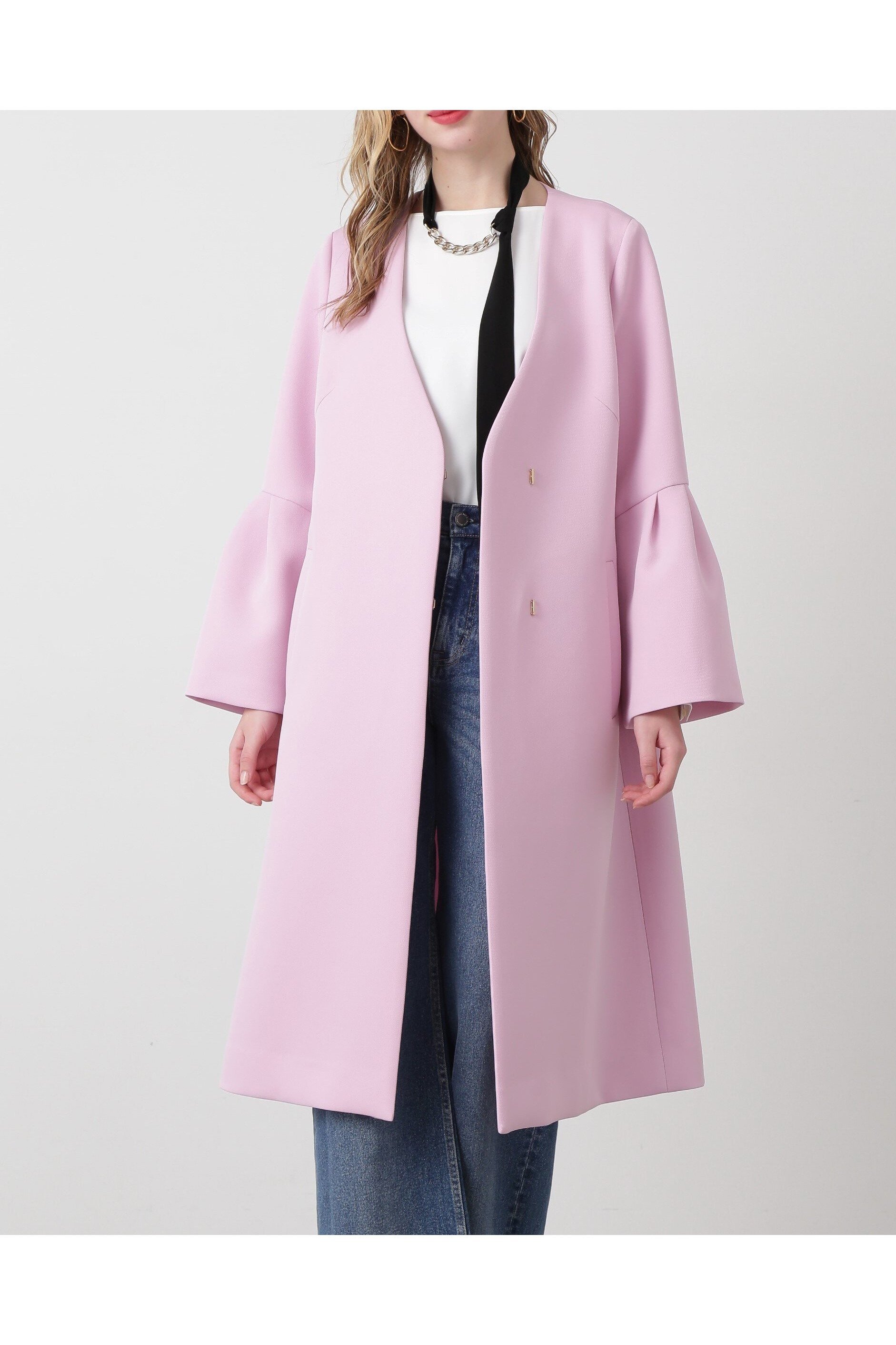 【ピンキーアンドダイアン/Pinky&Dianne】の三重織ツイルベルスリーブコート インテリア・キッズ・メンズ・レディースファッション・服の通販 founy(ファニー) 　ファッション　Fashion　レディースファッション　Fashion for Women　アウター　Coat / Outerwear Collection　コート・ロングコート・ピーコート　Long Coats, Peacoats & More　スタンダード　Standard, Basic　ストレッチ　Stretch, Stretchy Fabric　ツイル　Twist, Twisted Detail　フロント　Front, Front Design　ボンディング　Bonding, Bonded Fabric　ポケット　Pocket, Pocket Detail　ピンク|ID: prp329100004824630 ipo3291000000035089045