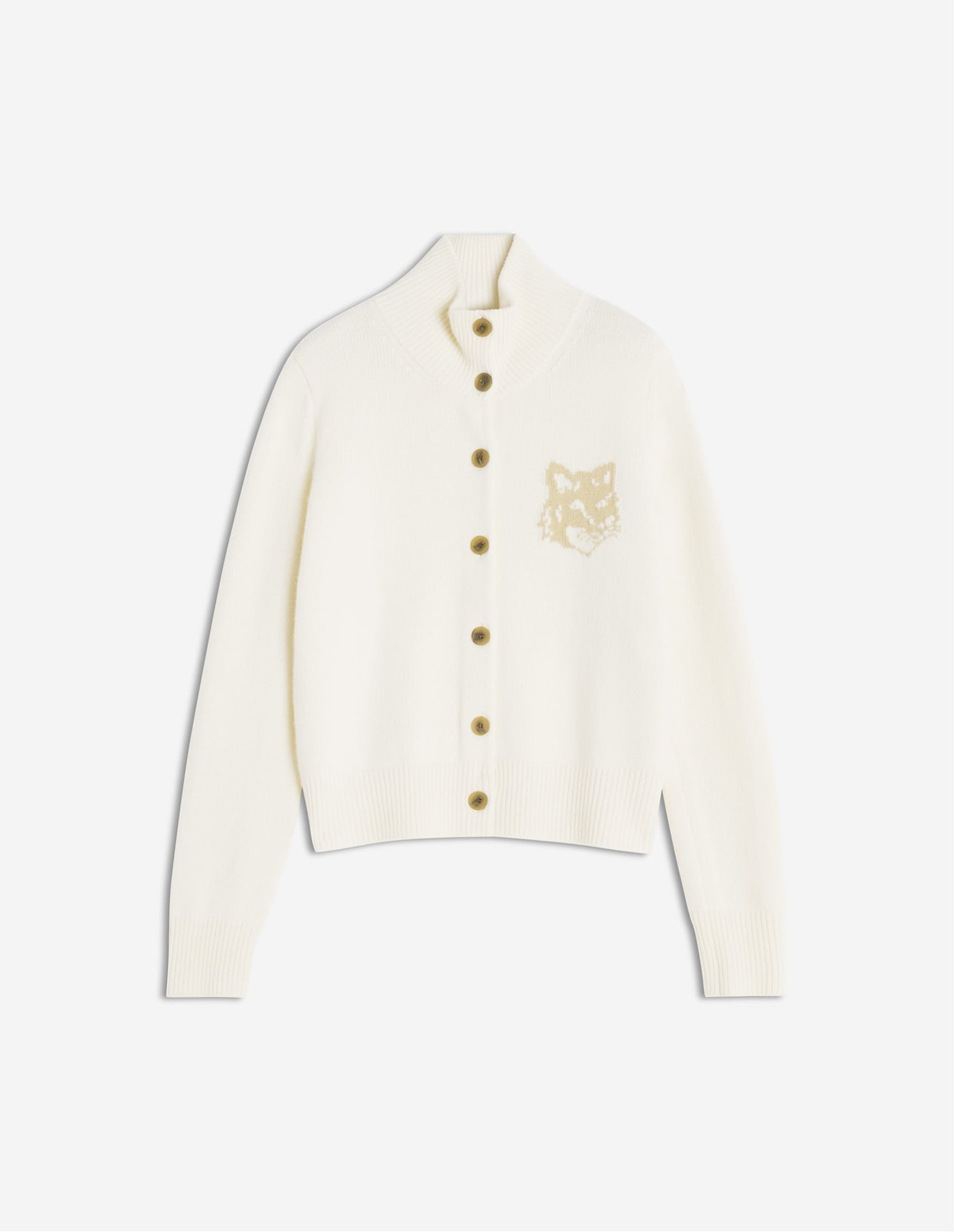 【メゾン キツネ/MAISON KITSUNE】のMaison Kitsune/FOX HEAD INTARSIA MERINO HIGH NECK CARDIGAN インテリア・キッズ・メンズ・レディースファッション・服の通販 founy(ファニー) 　ファッション　Fashion　レディースファッション　Fashion for Women　トップス・カットソー　Cut & Sew Tops　カーディガン・羽織り　Layered Style Cardigans　冬　Winter / This Winter　カーディガン　Cardigan, Knitwear　フィット　Fit, Slim Fit　フォックス　Fox, Fox Fur　フレンチ　French, French Style　レギュラー　Regular, Standard Fit　エレガント 上品　Elegant　無地　Plain, Solid Color　A/W・秋冬　Autumn/Winter　長袖　Long Sleeve, Full Sleeve　ECRU/TAN BEIGE|ID: prp329100004824638 ipo3291000000035089199