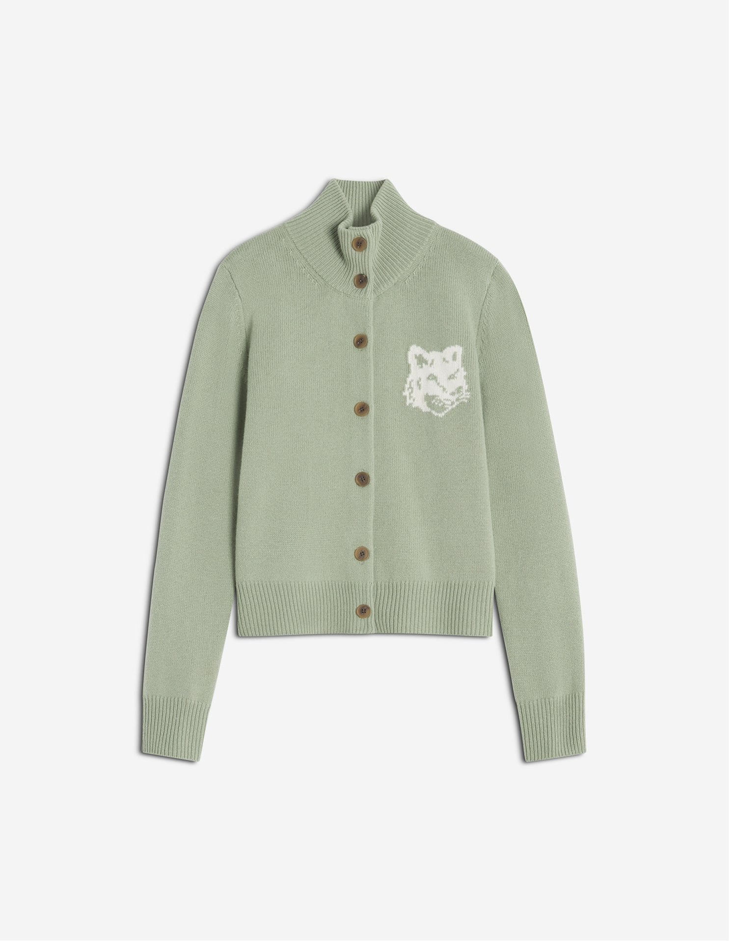 【メゾン キツネ/MAISON KITSUNE】のMaison Kitsune/FOX HEAD INTARSIA MERINO HIGH NECK CARDIGAN インテリア・キッズ・メンズ・レディースファッション・服の通販 founy(ファニー) 　ファッション　Fashion　レディースファッション　Fashion for Women　トップス・カットソー　Cut & Sew Tops　カーディガン・羽織り　Layered Style Cardigans　冬　Winter / This Winter　カーディガン　Cardigan, Knitwear　フィット　Fit, Slim Fit　フォックス　Fox, Fox Fur　フレンチ　French, French Style　レギュラー　Regular, Standard Fit　エレガント 上品　Elegant　無地　Plain, Solid Color　A/W・秋冬　Autumn/Winter　長袖　Long Sleeve, Full Sleeve　SAGE GREEN/ECRU|ID: prp329100004824638 ipo3291000000035089200