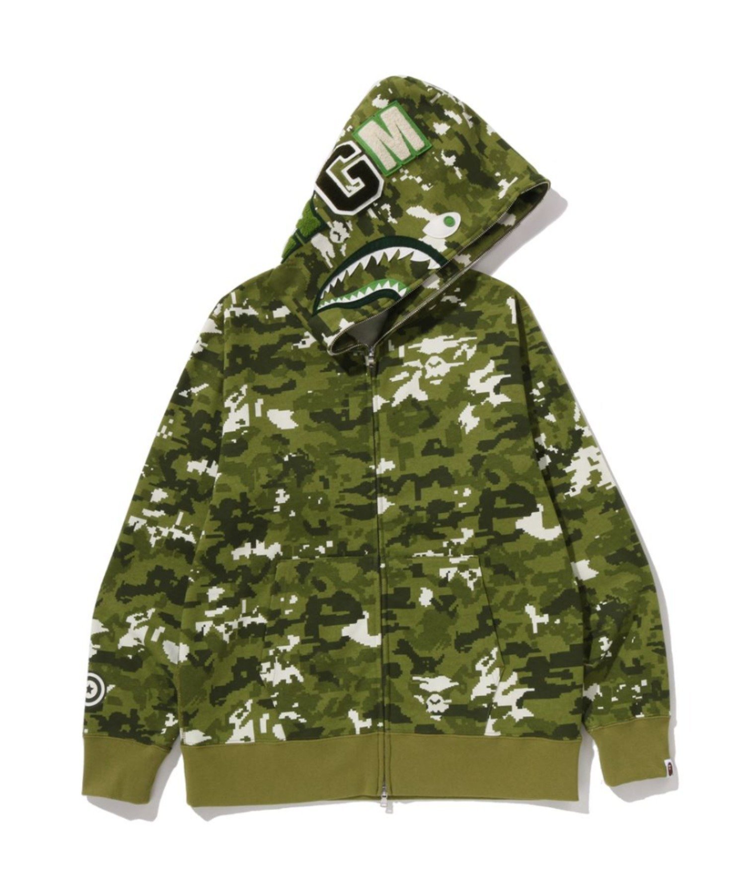 【ア ベイシング エイプ/A BATHING APE】のMULTI PIXEL CAMO SHARK REGULAR FIT FULL ZIP HOODIE インテリア・キッズ・メンズ・レディースファッション・服の通販 founy(ファニー) 　ファッション　Fashion　レディースファッション　Fashion for Women　グラフィック　Graphic, Graphic Design　モチーフ　Motif, Design Theme　GREEN|ID: prp329100004824640 ipo3291000000035089209