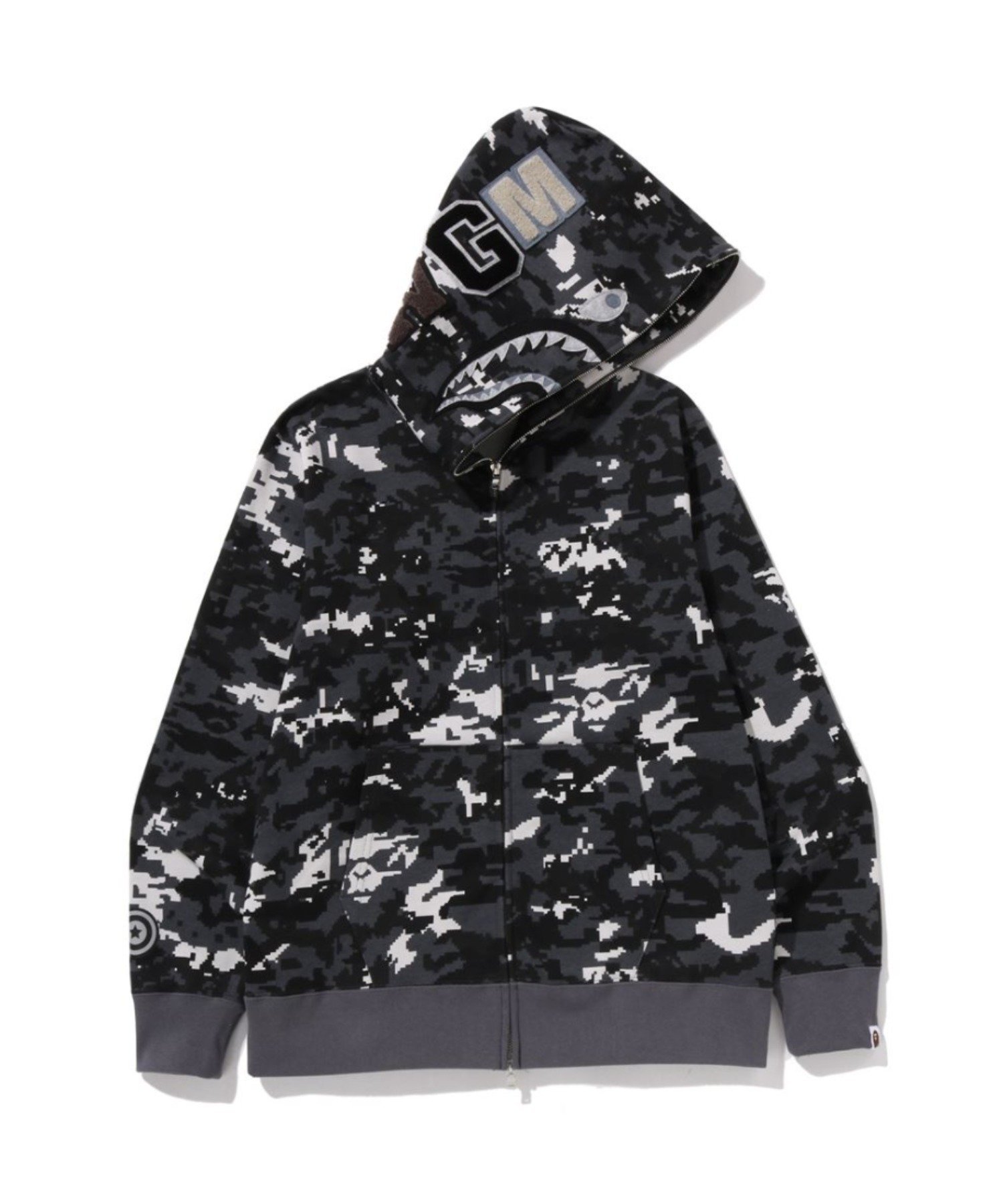 【ア ベイシング エイプ/A BATHING APE】のMULTI PIXEL CAMO SHARK REGULAR FIT FULL ZIP HOODIE インテリア・キッズ・メンズ・レディースファッション・服の通販 founy(ファニー) 　ファッション　Fashion　レディースファッション　Fashion for Women　グラフィック　Graphic, Graphic Design　モチーフ　Motif, Design Theme　BLACK|ID: prp329100004824640 ipo3291000000035089210