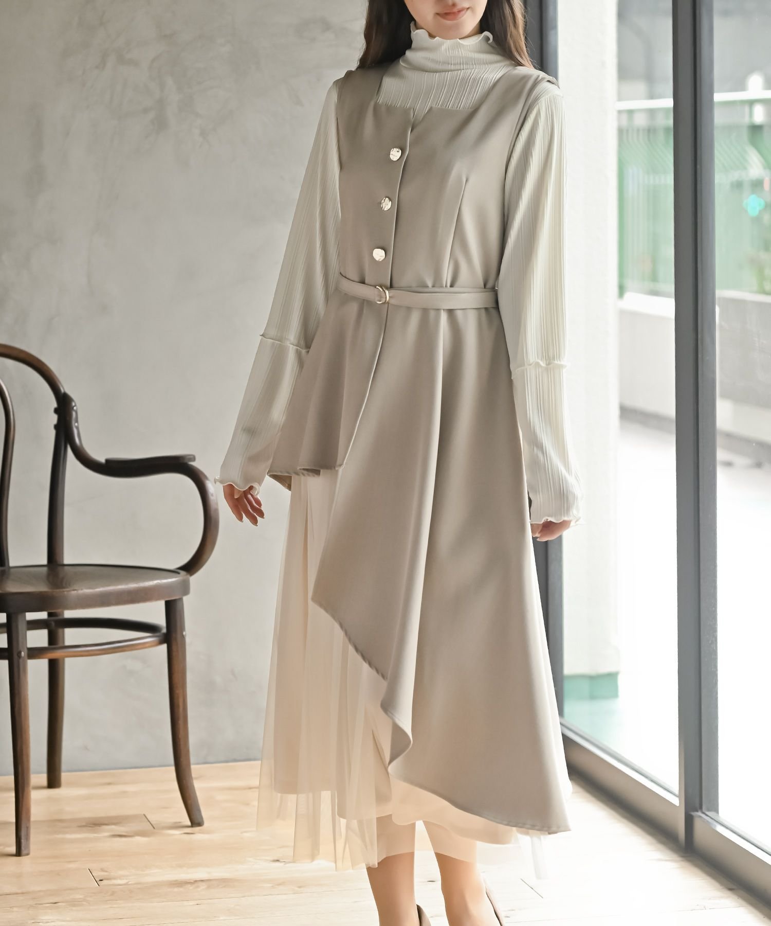 【アールピーエス/rps】のチュールレイヤードワンピース インテリア・キッズ・メンズ・レディースファッション・服の通販 founy(ファニー) 　ファッション　Fashion　レディースファッション　Fashion for Women　ワンピース　Dresses　アシンメトリー　Asymmetrical Style　コンパクト　Compact, Small Size　チュール　Tulip, Tulip Motif　ポケット　Pocket, Pocket Detail　ループ　Loop, Loop Knit　グレージュ|ID: prp329100004824655 ipo3291000000035089519