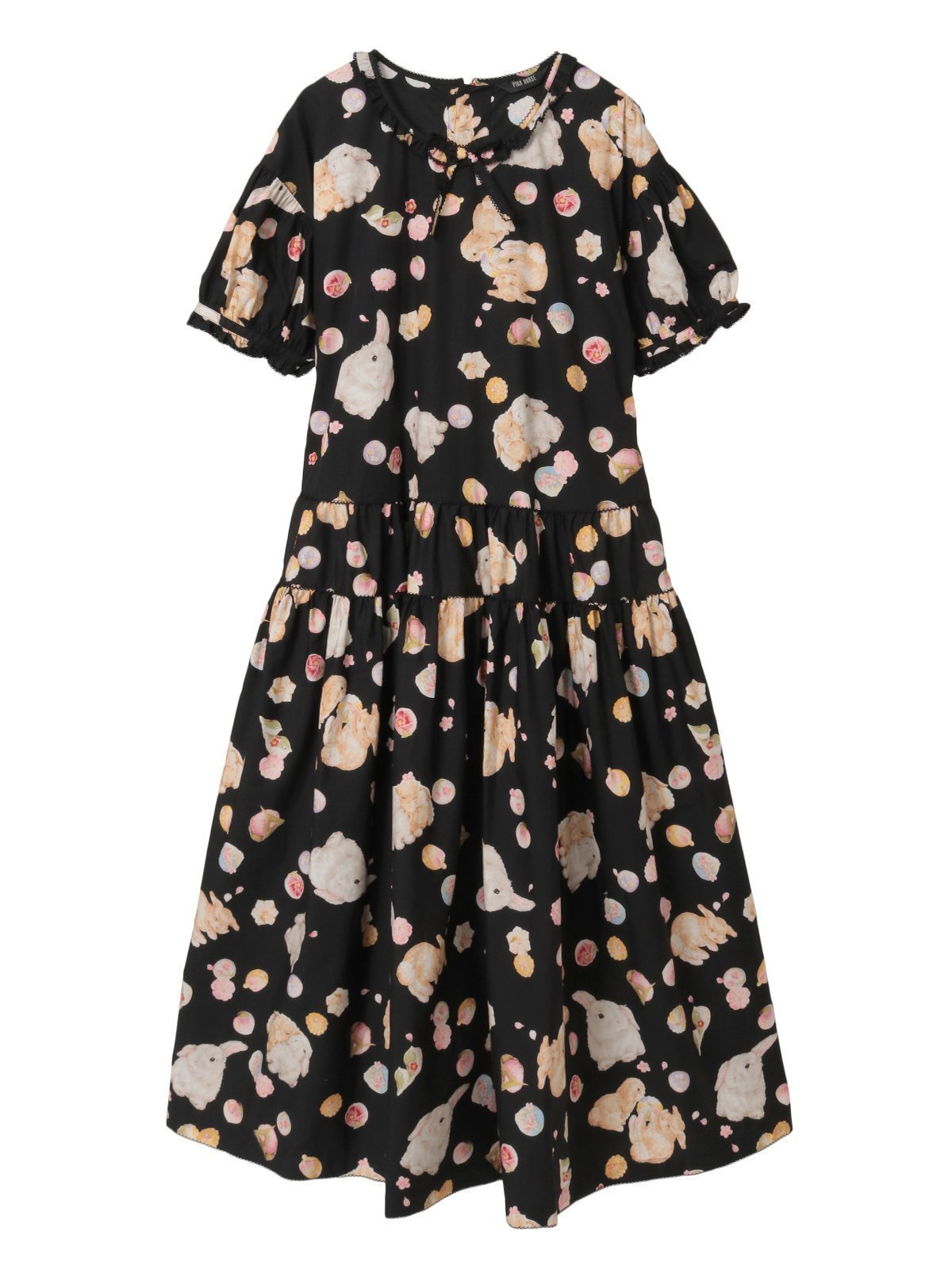 【ピンクハウス/PINK HOUSE】の幸見うさぎプリントティアードワンピース インテリア・キッズ・メンズ・レディースファッション・服の通販 founy(ファニー) 　ファッション　Fashion　レディースファッション　Fashion for Women　ワンピース　Dresses　春　Spring　フリル　Frill, Ruffle　フロント　Front, Front Design　プリント　Print, Printed Pattern　モチーフ　Motif, Design Theme　リボン　Ribbon, Bow　ロング　Long, Long-Length　クロ|ID: prp329100004824729 ipo3291000000035112482