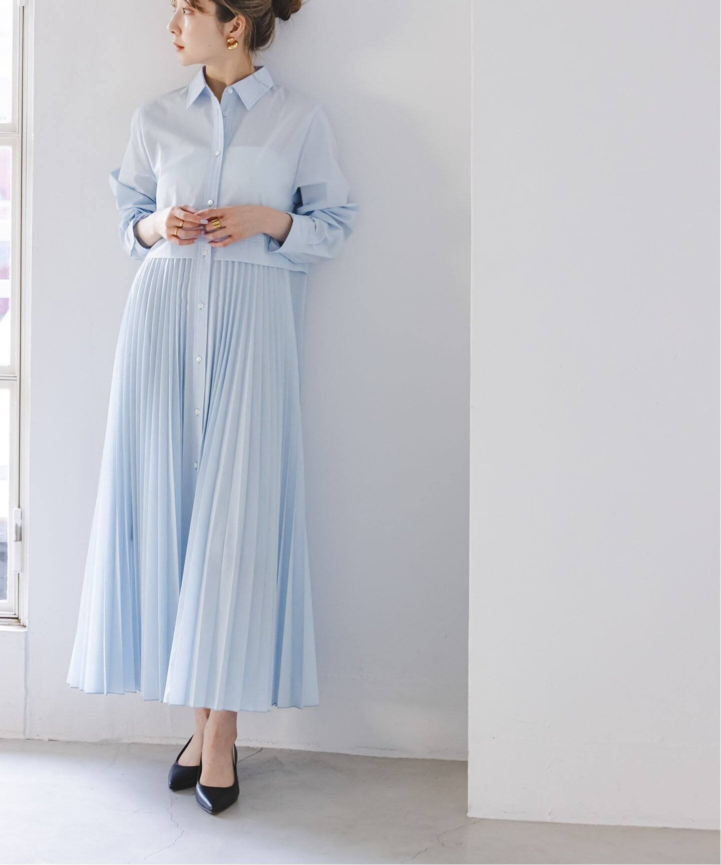 【ノーブル / スピック&スパン/NOBLE / Spick & Span】のプリーツシャツワンピース インテリア・キッズ・メンズ・レディースファッション・服の通販 founy(ファニー) 　ファッション　Fashion　レディースファッション　Fashion for Women　ワンピース　Dresses　シャツワンピース / 1枚で着映えコーデ　Shirt Dresses　エレガント 上品　Elegant　ジャケット　Jacket, Outerwear　タートル　Turtleneck, Turtle Collar　フレア　Flare, Flared　プリーツ　Pleats, Pleated　春　Spring　サックスブルー|ID: prp329100004824737 ipo3291000000035090755