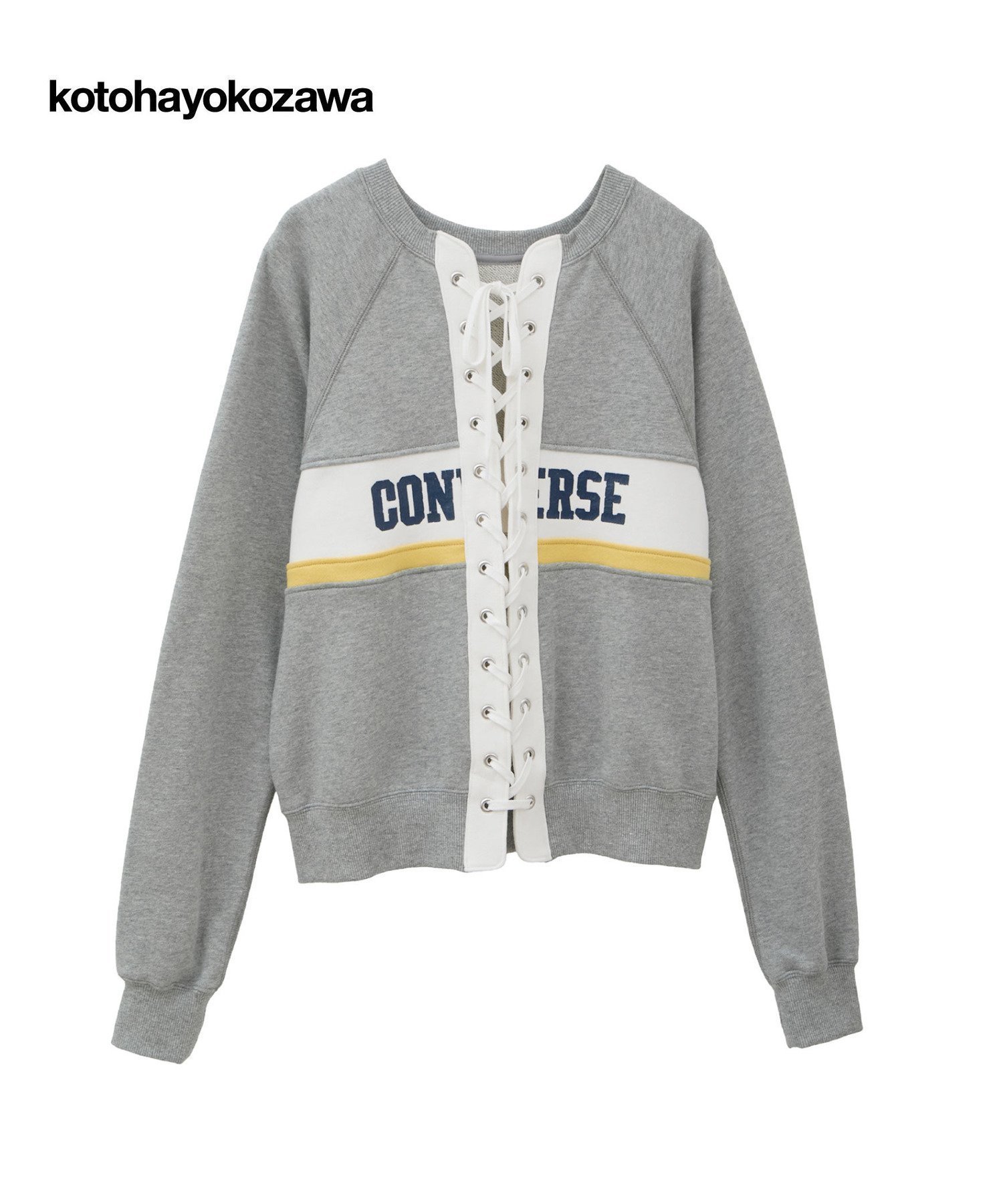 【コンバーストウキョウ/CONVERSE TOKYO】の【kotohayokozawa】LACE-UP LOGO PULLOVER インテリア・キッズ・メンズ・レディースファッション・服の通販 founy(ファニー) 　ファッション　Fashion　レディースファッション　Fashion for Women　トップス・カットソー　Cut & Sew Tops　カジュアルプルオーバー・ニットトップス　Pullovers & Knit Tops / Casual Pullovers　インナー　Innerwear　カーディガン　Cardigan, Knitwear　コレクション　Collection, Seasonal Line　スウェット / スエット　Sweatshirt, Sweatwear　フロント　Front, Front Design　ボトム　Bottoms, Lower Wear　レース　Lace, Lace Fabric　おすすめ　Recommended / Our Picks　グレー|ID: prp329100004824768 ipo3291000000035091149