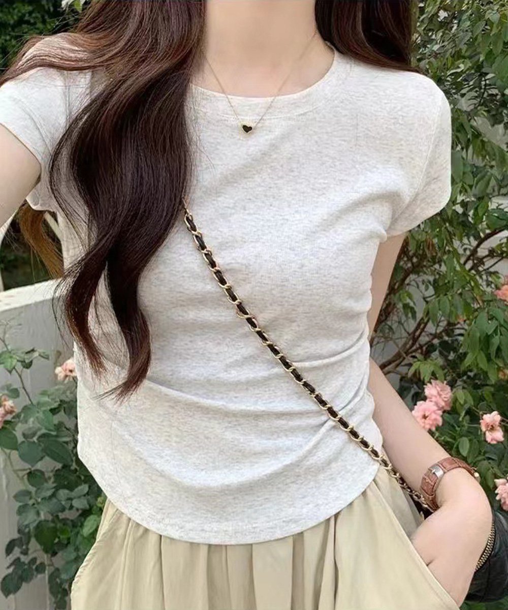 【ミニミニストア/miniministore】のサイドギャザーtシャツ 半袖トップス夏服 人気、トレンドファッション・服の通販 founy(ファニー) 　ファッション　Fashion　レディースファッション　Fashion for Women　トップス・カットソー　Cut & Sew Tops　シャツ・ブラウス・オフィスカジュアル　Elegant Blouses & Button-Ups　ロングTシャツ・Tシャツ　Longline T-Shirts & Tees　カットソー　Cut and Sewn Top　カーゴパンツ　Cargo Pants, Utility Pants　ギャザー　Gathered, Ruffled　シンプル　Simple, Minimal　半袖　Short Sleeve, Half Sleeve　無地　Plain, Solid Color　ラウンド　Round, Round Neck　夏　Summer　 other-1|ID: prp329100004824804 ipo3291000000035091692