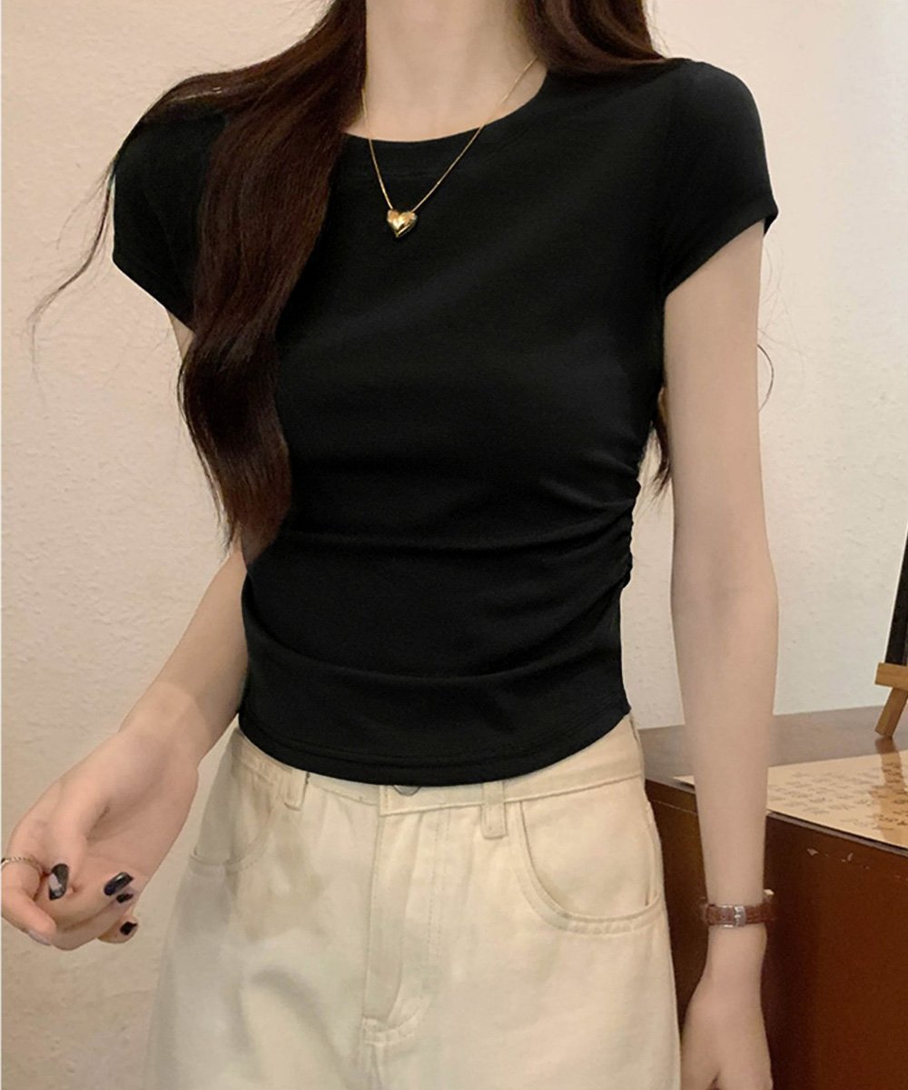 【ミニミニストア/miniministore】のサイドギャザーtシャツ 半袖トップス夏服 インテリア・キッズ・メンズ・レディースファッション・服の通販 founy(ファニー) 　ファッション　Fashion　レディースファッション　Fashion for Women　トップス・カットソー　Cut & Sew Tops　シャツ・ブラウス・オフィスカジュアル　Elegant Blouses & Button-Ups　ロングTシャツ・Tシャツ　Longline T-Shirts & Tees　カットソー　Cut and Sewn Top　カーゴパンツ　Cargo Pants, Utility Pants　ギャザー　Gathered, Ruffled　シンプル　Simple, Minimal　半袖　Short Sleeve, Half Sleeve　無地　Plain, Solid Color　ラウンド　Round, Round Neck　夏　Summer　ブラック|ID: prp329100004824804 ipo3291000000035091694