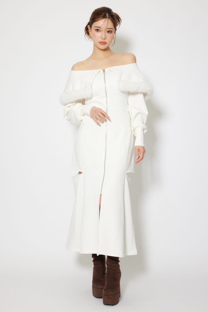 【リエンダ/rienda】のフェイクファー付きカッティング裏起毛ワンピース インテリア・キッズ・メンズ・レディースファッション・服の通販 founy(ファニー) 　ファッション　Fashion　レディースファッション　Fashion for Women　ワンピース　Dresses　カッティング　Cutting Detail　シェイプ　Shape, Slim Fit　シューズ　Shoes, Footwear　スニーカー　Sneakers, Trainers　フェイクファー　Faux Fur, Imitation Fur　フロント　Front, Front Design　ロング　Long, Long-Length　再入荷　Restock / Back in Stock　おすすめ　Recommended / Our Picks　WHT|ID: prp329100004824838 ipo3291000000035092226