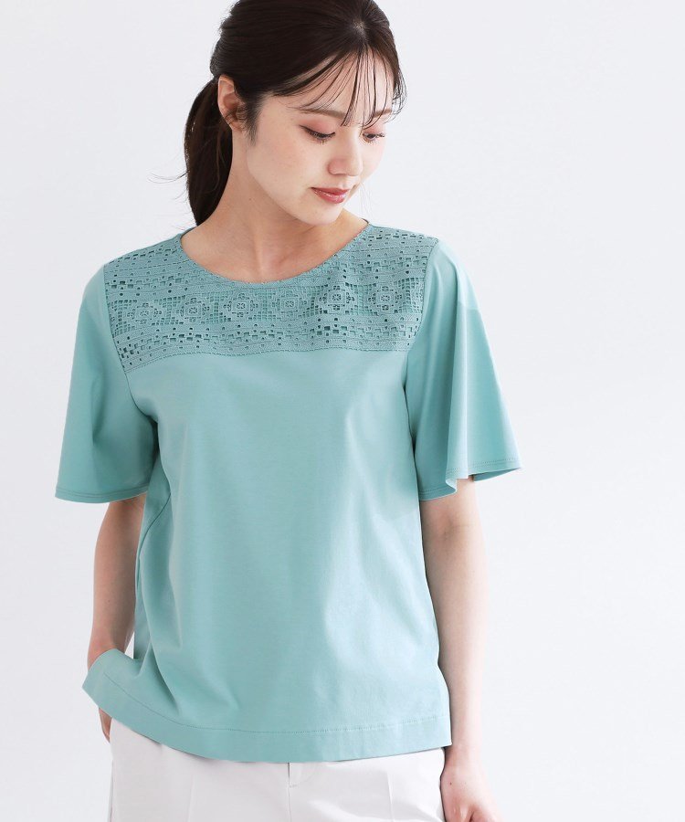 【リフレクト/Reflect】の【手洗い可】レースデザインジャージTシャツ インテリア・キッズ・メンズ・レディースファッション・服の通販 founy(ファニー) 　ファッション　Fashion　レディースファッション　Fashion for Women　トップス・カットソー　Cut & Sew Tops　シャツ・ブラウス・オフィスカジュアル　Elegant Blouses & Button-Ups　ロングTシャツ・Tシャツ　Longline T-Shirts & Tees　シルケット　Silket, Silky Cotton　ジャケット　Jacket, Outerwear　スマート　Smart, Elegant　スリット　Slit, Slit Detail　バランス　Balance, Style Balance　レース　Lace, Lace Fabric　ライトグリーン|ID: prp329100004824855 ipo3291000000035092445
