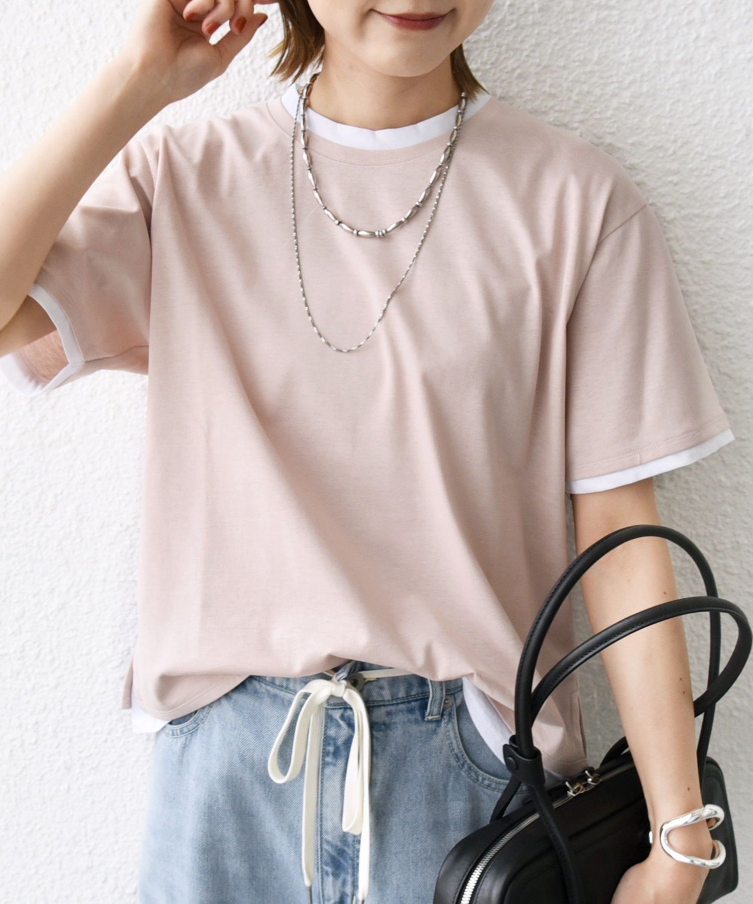 【シップス フォー ウィメン/SHIPS】の接触冷感 レイヤード ライク TEE インテリア・キッズ・メンズ・レディースファッション・服の通販 founy(ファニー) 　ファッション　Fashion　レディースファッション　Fashion for Women　インナー　Innerwear　シンプル　Simple, Minimal　スマート　Smart, Elegant　スリット　Slit, Slit Detail　デニム　Denim, Jeans Material　ボトム　Bottoms, Lower Wear　ポケット　Pocket, Pocket Detail　夏　Summer　2025年　2025　2025春夏・S/S　Spring/Summer 2025 SS25　ピンク|ID: prp329100004824902 ipo3291000000035093131