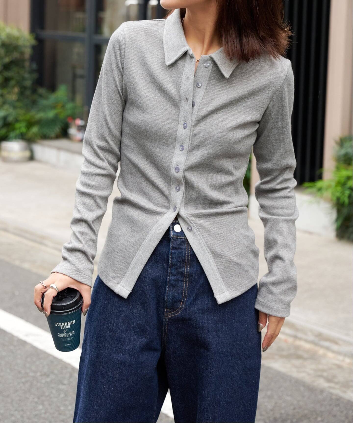 【アウトドアプロダクツ ユージュアルシングス/OUTDOOR PRODUCTS Usual Things】のエリツキリブカーディガン インテリア・キッズ・メンズ・レディースファッション・服の通販 founy(ファニー) 　ファッション　Fashion　レディースファッション　Fashion for Women　トップス・カットソー　Cut & Sew Tops　カーディガン・羽織り　Layered Style Cardigans　デニム　Denim, Jeans Material　フィット　Fit, Slim Fit　エレガント 上品　Elegant　グレーA|ID: prp329100004824959 ipo3291000000035094477