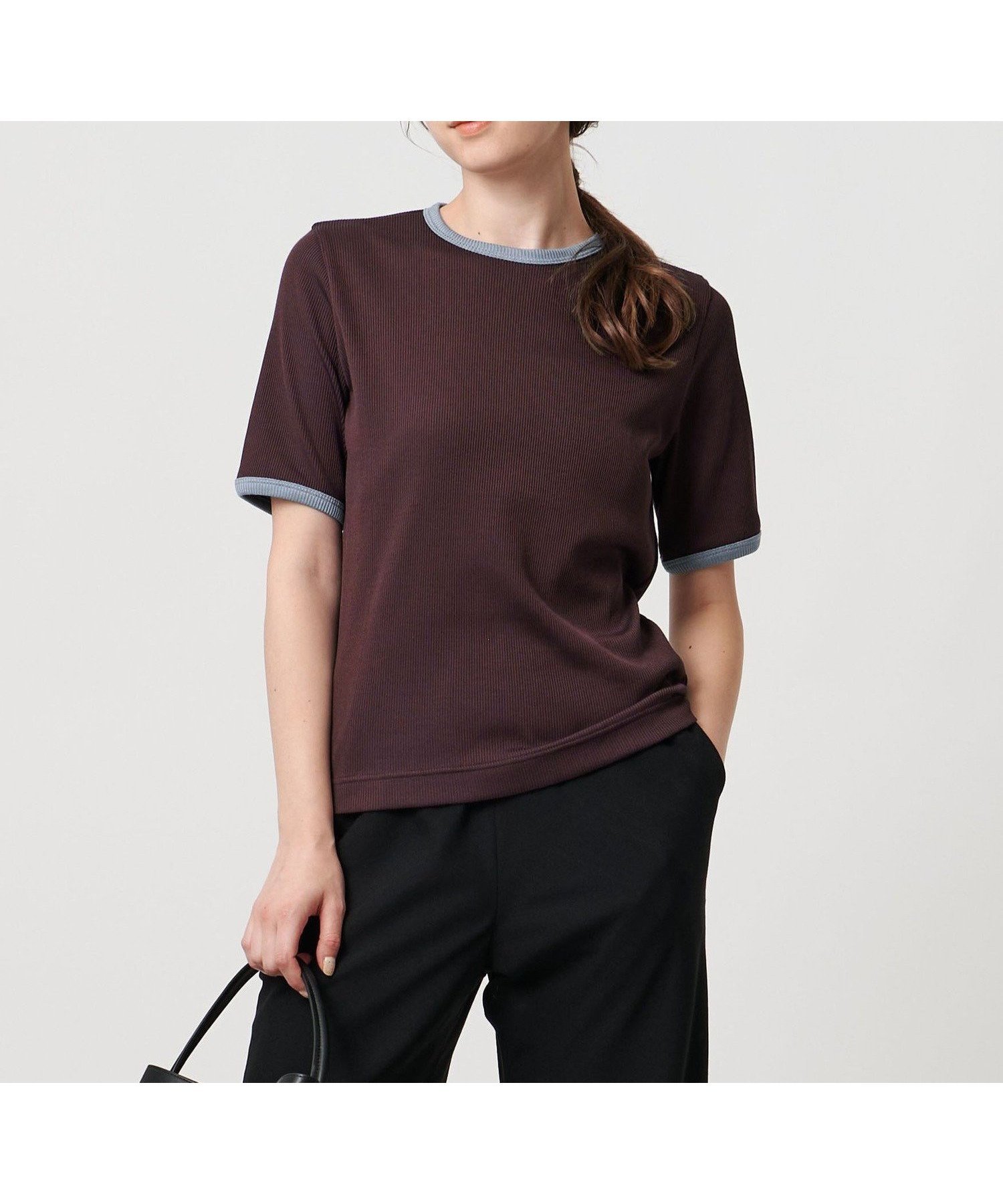 【ユナイテッドアローズ/UNITED ARROWS】のリブバイカラーパイピング ショートスリーブカットソー インテリア・キッズ・メンズ・レディースファッション・服の通販 founy(ファニー) 　ファッション　Fashion　レディースファッション　Fashion for Women　トップス・カットソー　Cut & Sew Tops　カットソー・ベーシックTシャツ　Cut-and-Sewn Tops / Stretch Tees & Basics　インナー　Innerwear　コンパクト　Compact, Small Size　シルク　Silk, 100% Silk　ジャケット　Jacket, Outerwear　人気　Popular, Best Seller　パイピング　Piping, Trim Design　ベーシック　Basic, Essential　ボトム　Bottoms, Lower Wear　おすすめ　Recommended / Our Picks　エレガント 上品　Elegant　WINE|ID: prp329100004825185 ipo3291000000035096397