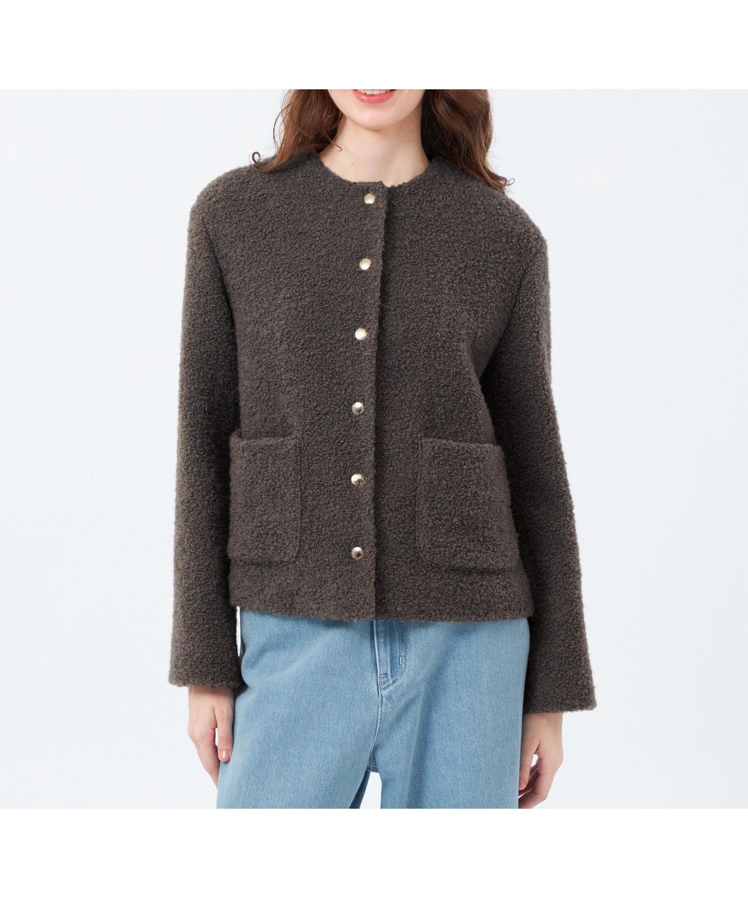 【マッキントッシュ フィロソフィー/MACKINTOSH PHILOSOPHY】の【HESSLE(ヘスル)】ノーカラーショートコート インテリア・キッズ・メンズ・レディースファッション・服の通販 founy(ファニー) 　ファッション　Fashion　レディースファッション　Fashion for Women　アウター　Coat / Outerwear Collection　コート・ロングコート・ピーコート　Long Coats, Peacoats & More　おすすめ　Recommended / Our Picks　カーディガン　Cardigan, Knitwear　コンパクト　Compact, Small Size　ファブリック　Fabric, Textile　冬　Winter / This Winter　秋　Autumn　ブラウン|ID: prp329100004825264 ipo3291000000035097340