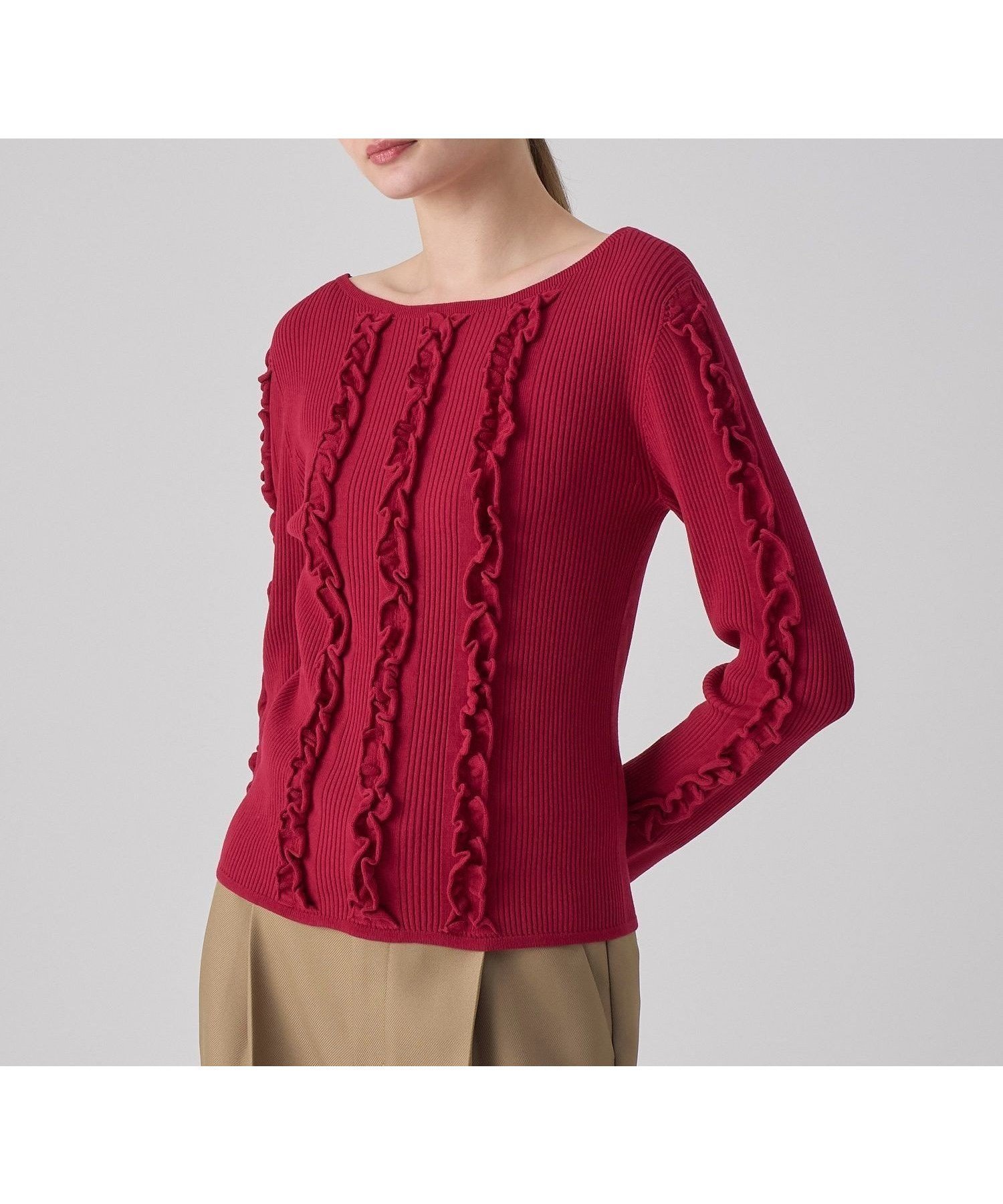 【アナイ/ANAYI】のウェービーフリルリブ プルオーバー インテリア・キッズ・メンズ・レディースファッション・服の通販 founy(ファニー) 　ファッション　Fashion　レディースファッション　Fashion for Women　トップス・カットソー　Cut & Sew Tops　カジュアルプルオーバー・ニットトップス　Pullovers & Knit Tops / Casual Pullovers　スマート　Smart, Elegant　フリル　Frill, Ruffle　ホールガーメント　WholeGarment, Seamless Knit　A/W・秋冬　Autumn/Winter　再入荷　Restock / Back in Stock　red|ID: prp329100004825323 ipo3291000000035098060