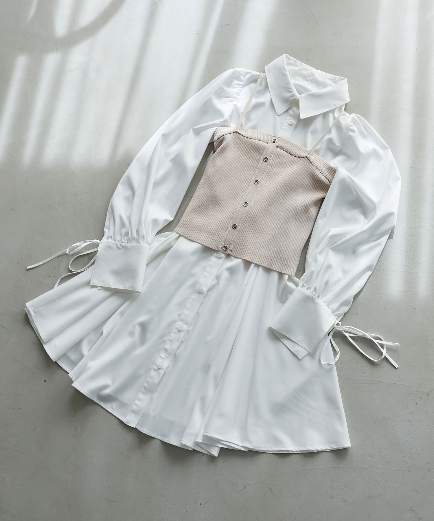 【マジェスティック レゴン/MAJESTIC LEGON】のビスチェセットミニシャツワンピース 人気、トレンドファッション・服の通販 founy(ファニー) 　ファッション　Fashion　レディースファッション　Fashion for Women　ワンピース　Dresses　シャツワンピース / 1枚で着映えコーデ　Shirt Dresses　カーディガン　Cardigan, Knitwear　シンプル　Simple, Minimal　ダウン　Down, Puffer　トレンド　Trend, Trending Now　ビスチェ　Bustier, Corset Top　フィット　Fit, Slim Fit　フェイク　Faux, Fake　フェミニン　Feminine, Girly　リボン　Ribbon, Bow　ロング　Long, Long-Length　再入荷　Restock / Back in Stock　エレガント 上品　Elegant　 other-1|ID: prp329100004825357 ipo3291000000035098494