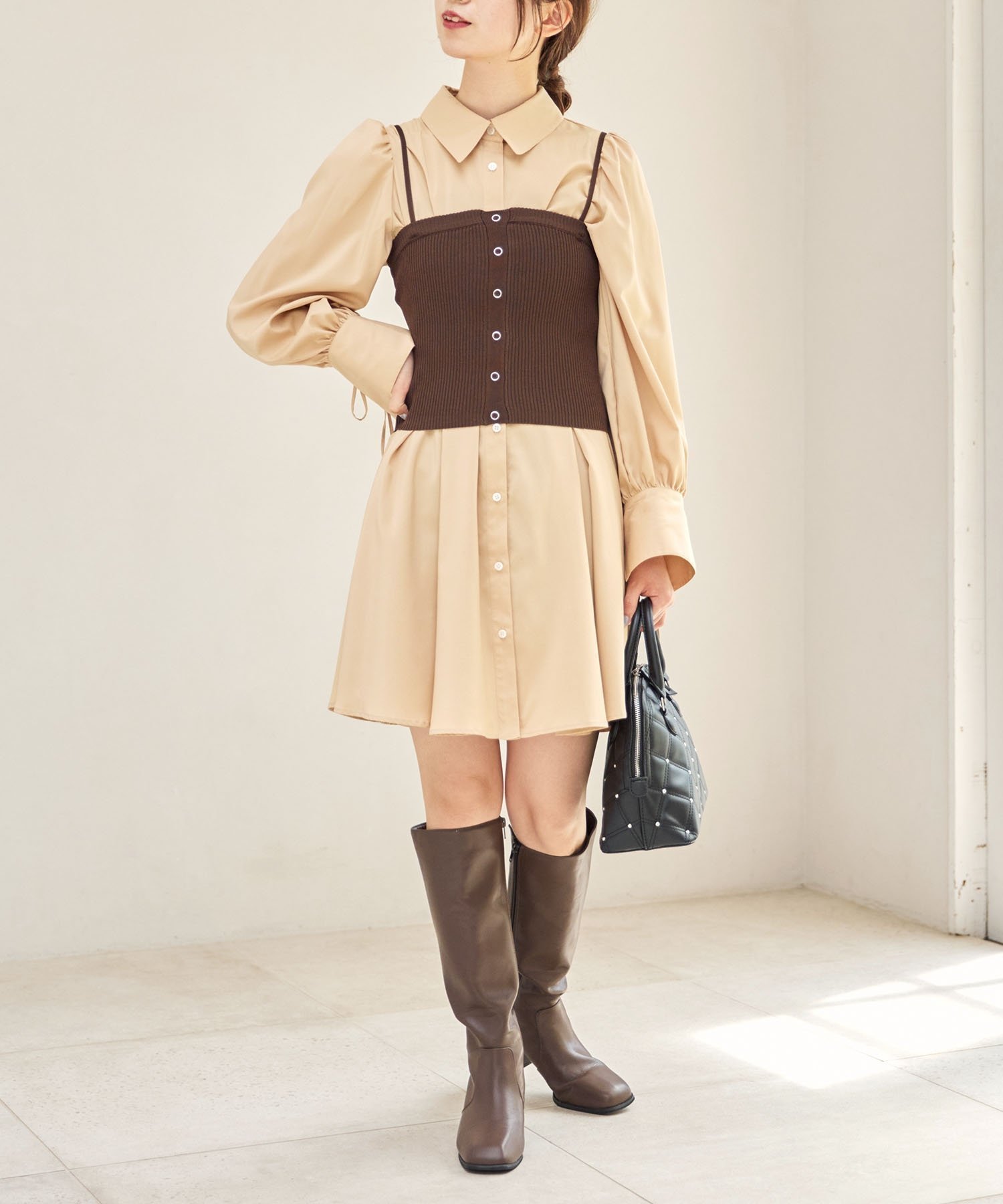 【マジェスティック レゴン/MAJESTIC LEGON】のビスチェセットミニシャツワンピース インテリア・キッズ・メンズ・レディースファッション・服の通販 founy(ファニー) 　ファッション　Fashion　レディースファッション　Fashion for Women　ワンピース　Dresses　シャツワンピース / 1枚で着映えコーデ　Shirt Dresses　カーディガン　Cardigan, Knitwear　シンプル　Simple, Minimal　ダウン　Down, Puffer　トレンド　Trend, Trending Now　ビスチェ　Bustier, Corset Top　フィット　Fit, Slim Fit　フェイク　Faux, Fake　フェミニン　Feminine, Girly　リボン　Ribbon, Bow　ロング　Long, Long-Length　再入荷　Restock / Back in Stock　エレガント 上品　Elegant　ブラウン|ID: prp329100004825357 ipo3291000000035098496