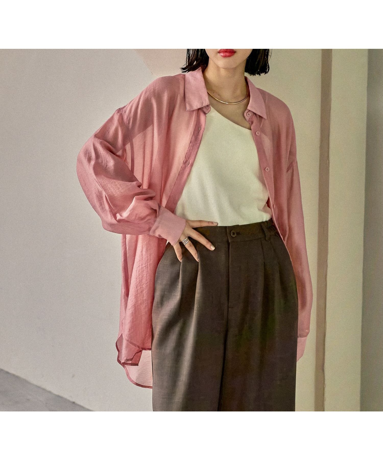 【レプシィム ローリーズファーム/LEPSIM LOWRYS FARM】のシアーシャツチュニック インテリア・キッズ・メンズ・レディースファッション・服の通販 founy(ファニー) 　ファッション　Fashion　レディースファッション　Fashion for Women　トップス・カットソー　Cut & Sew Tops　シャツ・ブラウス・オフィスカジュアル　Elegant Blouses & Button-Ups　ギャザー　Gathered, Ruffled　シアー　Sheer, See-Through　チュニック　Tunic, Long Top　ビスチェ　Bustier, Corset Top　長袖　Long Sleeve, Full Sleeve　ピンク25|ID: prp329100004825359 ipo3291000000035098534