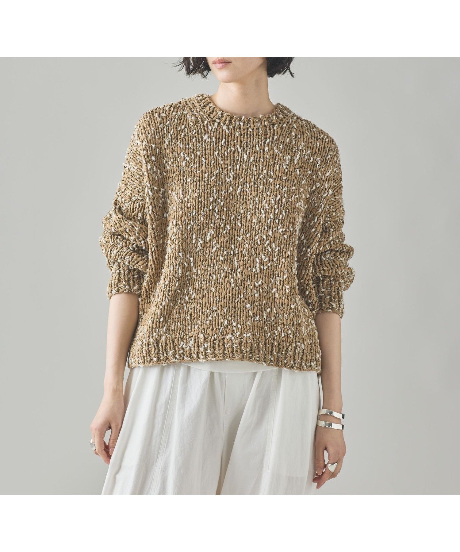 【カレンソロジー/Curensology】のミックスハンドニットプルオーバー インテリア・キッズ・メンズ・レディースファッション・服の通販 founy(ファニー) 　ファッション　Fashion　レディースファッション　Fashion for Women　トップス・カットソー　Cut & Sew Tops　ニット　Knit Tops & Sweaters　カジュアルプルオーバー・ニットトップス　Pullovers & Knit Tops / Casual Pullovers　エレガント 上品　Elegant　コンパクト　Compact, Small Size　シンプル　Simple, Minimal　フレア　Flare, Flared　マフラー　Scarf, Muffler　ミックス　Mix, Mixed Style　日本製　Made In Japan　ベージュ55|ID: prp329100004825366 ipo3291000000035098636