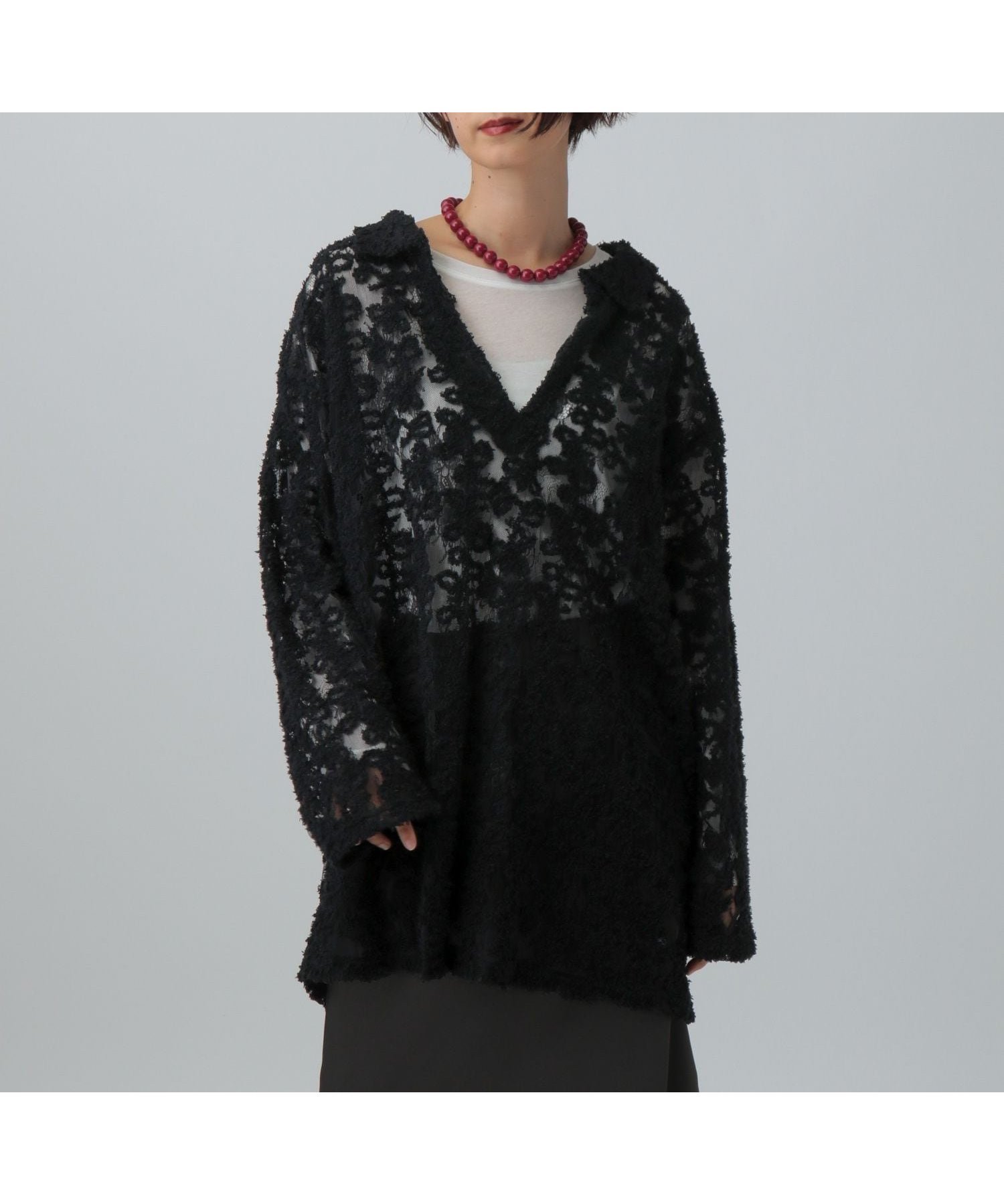 【レプシィム ローリーズファーム/LEPSIM LOWRYS FARM】のモールレーススキッパーチュニック インテリア・キッズ・メンズ・レディースファッション・服の通販 founy(ファニー) 　ファッション　Fashion　レディースファッション　Fashion for Women　トップス・カットソー　Cut & Sew Tops　おすすめ　Recommended / Our Picks　インナー　Innerwear　シアー　Sheer, See-Through　スキッパー　Skipper, Open Collar　チュニック　Tunic, Long Top　トレンド　Trend, Trending Now　レース　Lace, Lace Fabric　ワイド　Wide, Wide Fit　ブラック09|ID: prp329100004825383 ipo3291000000035098825