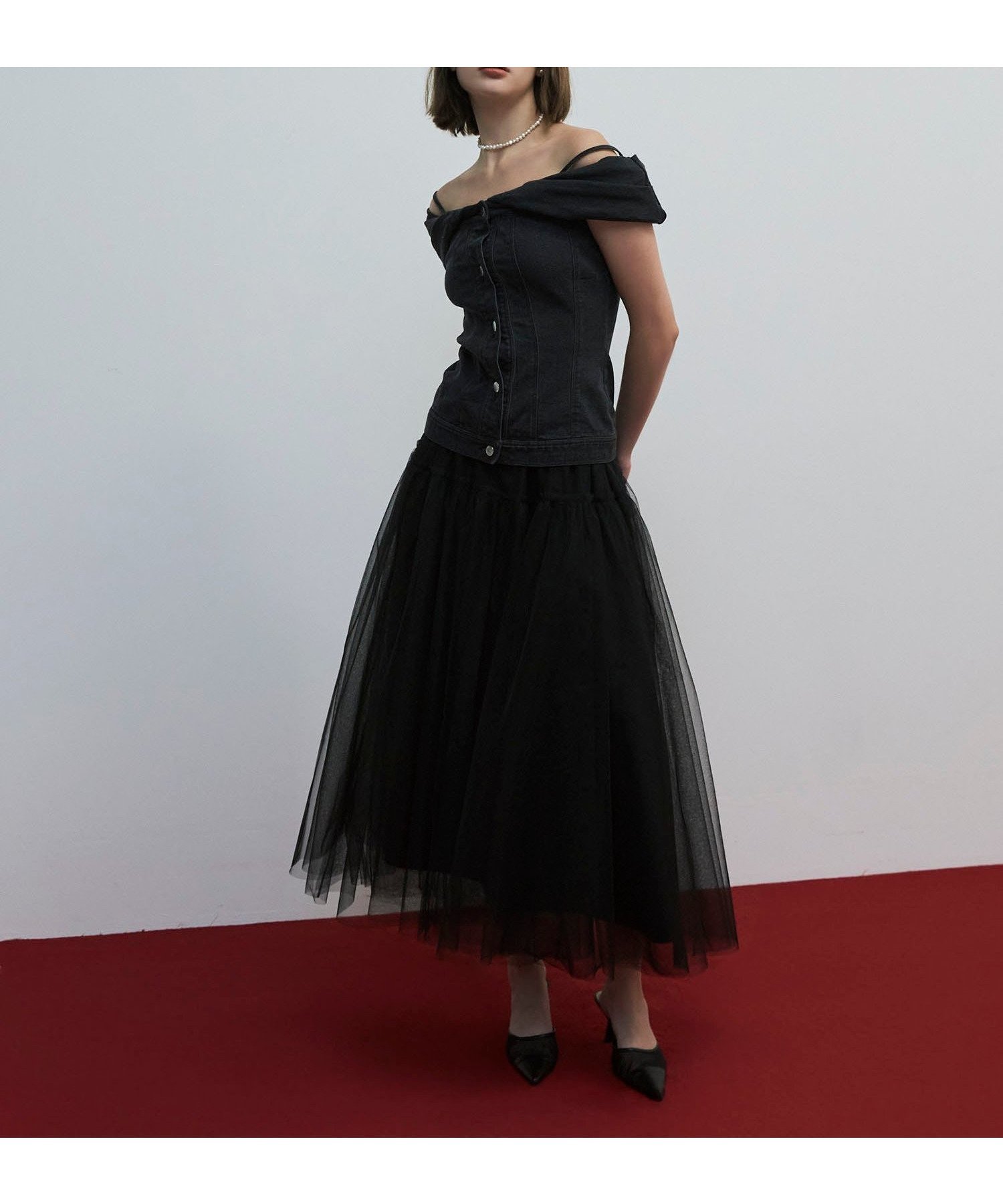 【エイミーイストワール/eimy istoire】のデニムオフショルチュールスカートセットワンピース インテリア・キッズ・メンズ・レディースファッション・服の通販 founy(ファニー) 　ファッション　Fashion　レディースファッション　Fashion for Women　スカート　Skirts　ギャザー　Gathered, Ruffled　ストレッチ　Stretch, Stretchy Fabric　チュール　Tulip, Tulip Motif　デニム　Denim, Jeans Material　プレミアム　Premium, High-End　ラップ　Wrap, Wrap Design　再入荷　Restock / Back in Stock　おすすめ　Recommended / Our Picks　BLACK|ID: prp329100004825421 ipo3291000000035099157