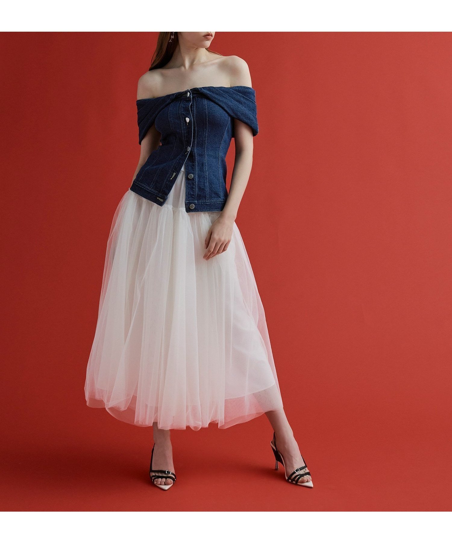 【エイミーイストワール/eimy istoire】のデニムオフショルチュールスカートセットワンピース インテリア・キッズ・メンズ・レディースファッション・服の通販 founy(ファニー) 　ファッション　Fashion　レディースファッション　Fashion for Women　スカート　Skirts　ギャザー　Gathered, Ruffled　ストレッチ　Stretch, Stretchy Fabric　チュール　Tulip, Tulip Motif　デニム　Denim, Jeans Material　プレミアム　Premium, High-End　ラップ　Wrap, Wrap Design　再入荷　Restock / Back in Stock　おすすめ　Recommended / Our Picks　INDIGO|ID: prp329100004825421 ipo3291000000035099158