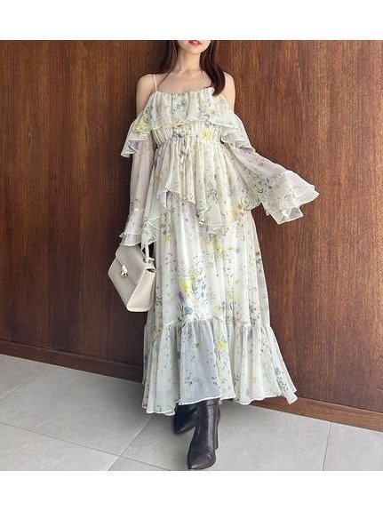 【スナイデル/SNIDEL】のオフショルフリルワンピース インテリア・キッズ・メンズ・レディースファッション・服の通販 founy(ファニー) 　ファッション　Fashion　レディースファッション　Fashion for Women　ワンピース　Dresses　イエロー　Yellow　ウェーブ　Wavy Pattern　カラフル　Colorful Design　シフォン　Chiffon, Lightweight Fabric　ストレート　Straight, Straight Cut　スマート　Smart, Elegant　フリル　Frill, Ruffle　プリント　Print, Printed Pattern　ミックス　Mix, Mixed Style　おすすめ　Recommended / Our Picks　MIX[930]|ID: prp329100004825424 ipo3291000000035099167