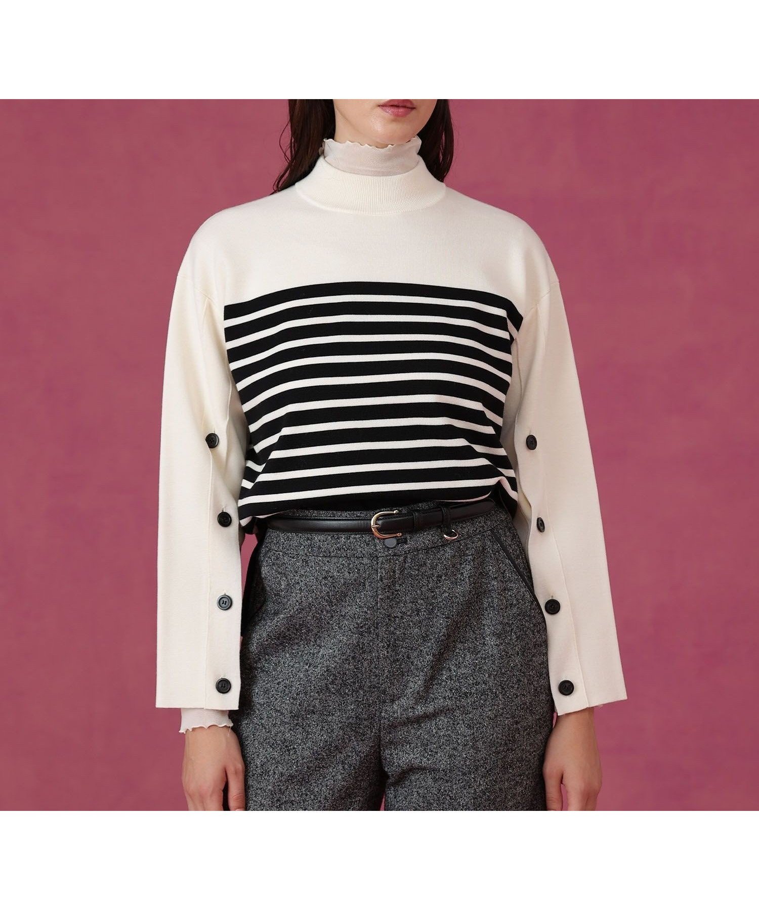 【アナイ/ANAYI】のメリノウール釦スリーブ プルオーバー インテリア・キッズ・メンズ・レディースファッション・服の通販 founy(ファニー) 　ファッション　Fashion　レディースファッション　Fashion for Women　トップス・カットソー　Cut & Sew Tops　カジュアルプルオーバー・ニットトップス　Pullovers & Knit Tops / Casual Pullovers　インナー　Innerwear　スマート　Smart, Elegant　スリーブ　Sleeve, Long Sleeve / Short Sleeve　ハイネック　High Neck, Mock Neck　ボーダー　Border, Stripe　ミックス　Mix, Mixed Style　ミラノリブ　Milano Rib, Milano Stitch　A/W・秋冬　Autumn/Winter　再入荷　Restock / Back in Stock　white mix|ID: prp329100004825448 ipo3291000000035099451