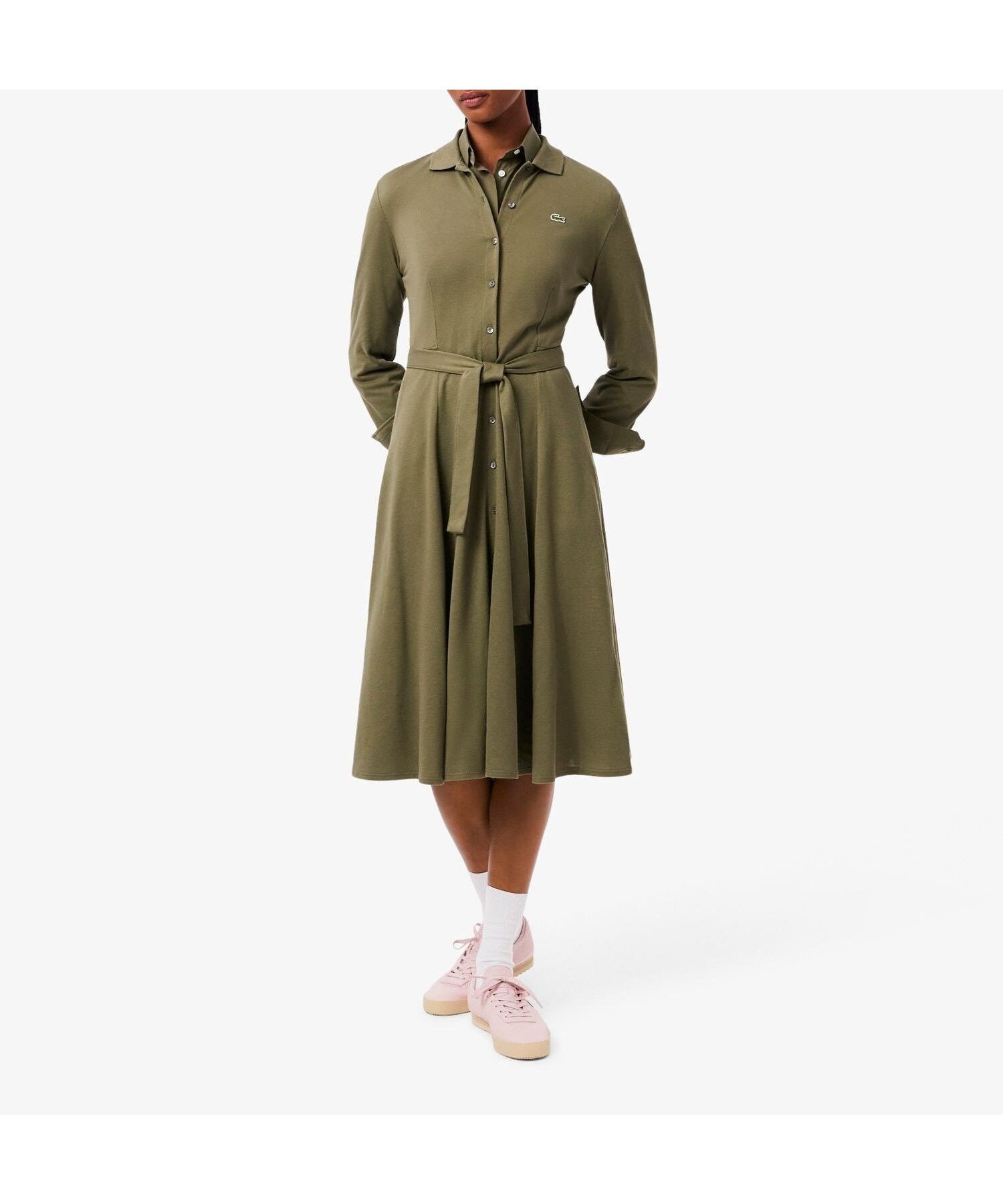 【ラコステ/LACOSTE】の鹿の子地ポロカラーシャツドレス インテリア・キッズ・メンズ・レディースファッション・服の通販 founy(ファニー) 　ファッション　Fashion　レディースファッション　Fashion for Women　トップス・カットソー　Cut & Sew Tops　シャツ・ブラウス・オフィスカジュアル　Elegant Blouses & Button-Ups　ワンピース　Dresses　フォーマル・パーティードレス・結婚式用ドレス　Elegant & Casual Dresses　ブラウジング　Blouson Silhouette, Cinched Waist　羽織　Haori, Light Jacket　鹿の子　Piqué, Kanoko Fabric　オリーブ|ID: prp329100004825451 ipo3291000000035099495