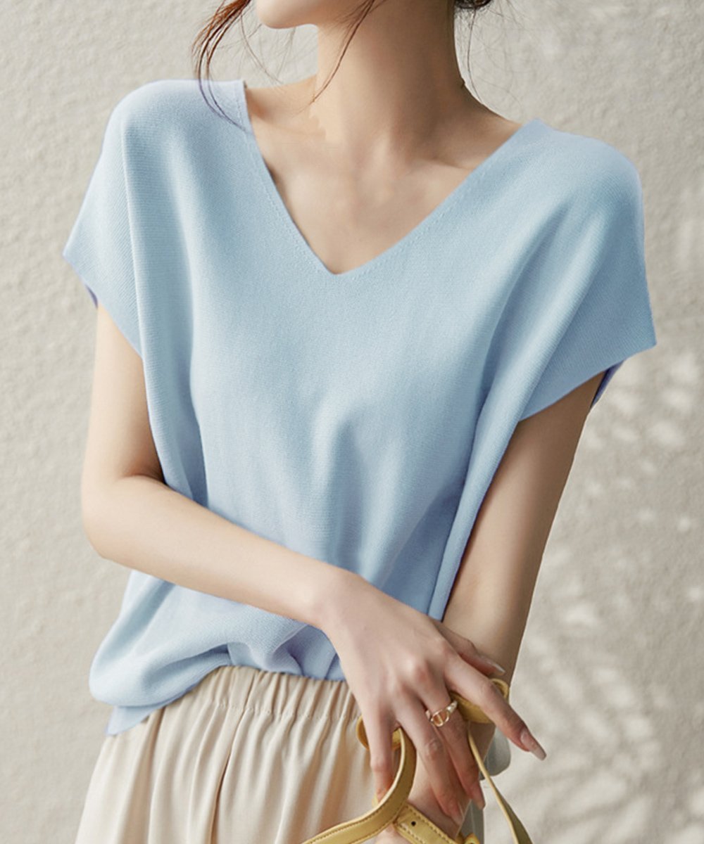 【ミニミニストア/miniministore】のニットトップス レディース 韓国春秋夏服 インテリア・キッズ・メンズ・レディースファッション・服の通販 founy(ファニー) 　ファッション　Fashion　レディースファッション　Fashion for Women　トップス・カットソー　Cut & Sew Tops　ニット　Knit Tops & Sweaters　イエロー　Yellow　サマー　Summer, Summer Style　ショルダー　Shoulder, Shoulder Strap　ドロップ　Drop Shoulder, Dropped Style　ボトム　Bottoms, Lower Wear　半袖　Short Sleeve, Half Sleeve　無地　Plain, Solid Color　ラベンダー　Lavender　夏　Summer　エレガント 上品　Elegant　ビジネス 仕事 通勤　Business / Work / Commuting　ライトブルー|ID: prp329100004825458 ipo3291000000035099572