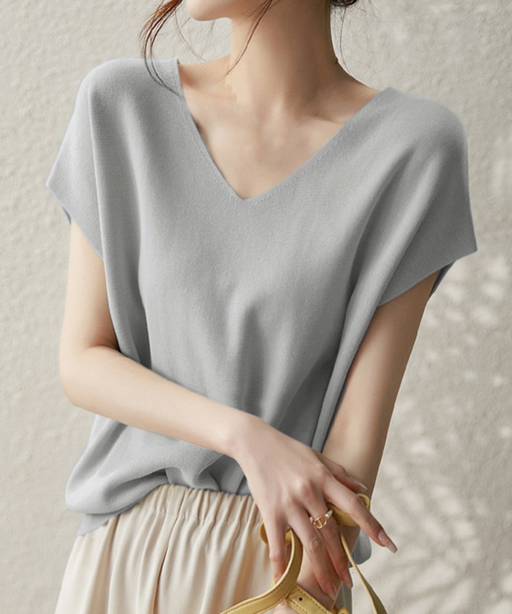 【ミニミニストア/miniministore】のニットトップス レディース 韓国春秋夏服 インテリア・キッズ・メンズ・レディースファッション・服の通販 founy(ファニー) 　ファッション　Fashion　レディースファッション　Fashion for Women　トップス・カットソー　Cut & Sew Tops　ニット　Knit Tops & Sweaters　イエロー　Yellow　サマー　Summer, Summer Style　ショルダー　Shoulder, Shoulder Strap　ドロップ　Drop Shoulder, Dropped Style　ボトム　Bottoms, Lower Wear　半袖　Short Sleeve, Half Sleeve　無地　Plain, Solid Color　ラベンダー　Lavender　夏　Summer　エレガント 上品　Elegant　ビジネス 仕事 通勤　Business / Work / Commuting　ライトグレー|ID: prp329100004825458 ipo3291000000035099577