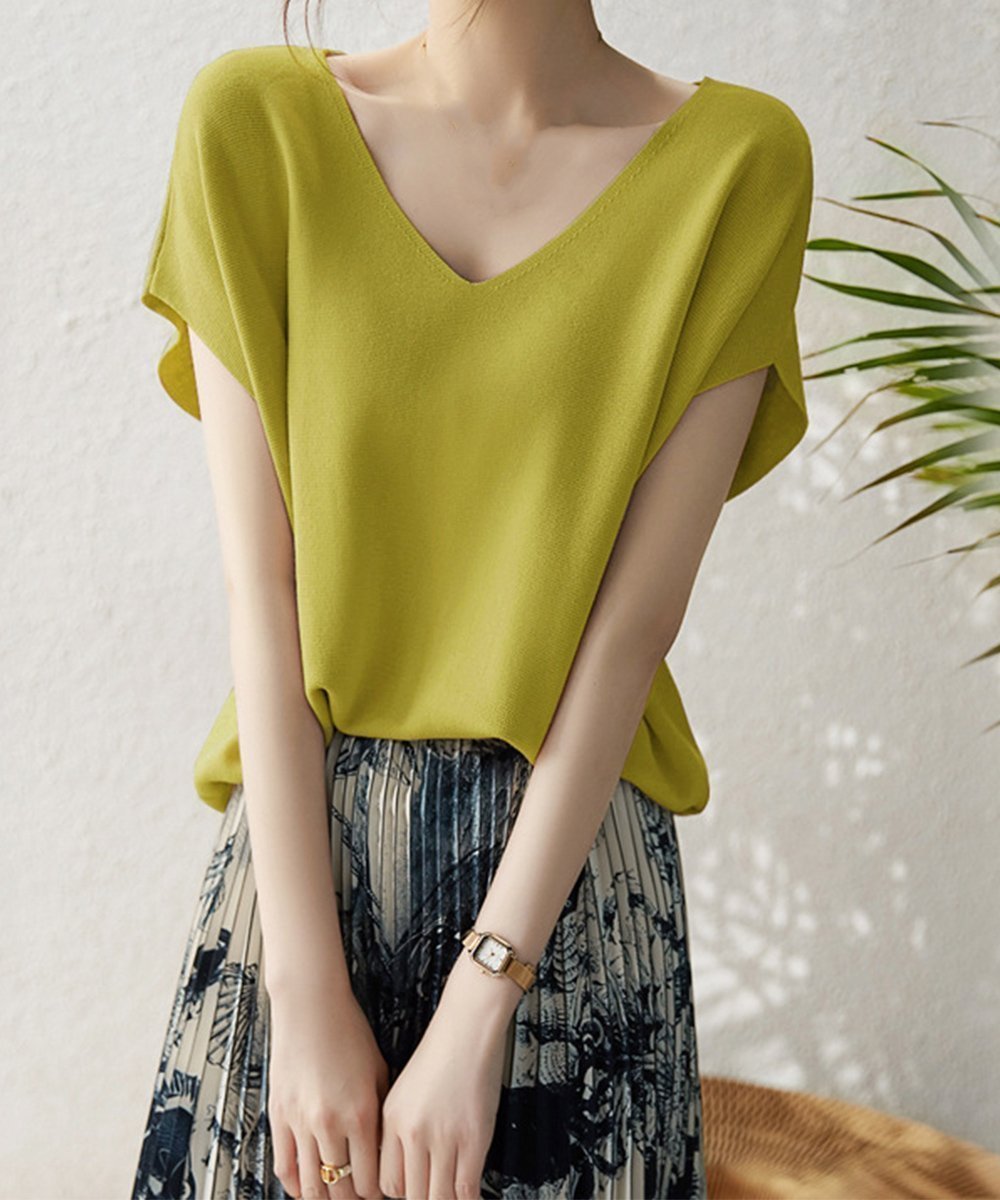 【ミニミニストア/miniministore】のニットトップス レディース 韓国春秋夏服 インテリア・キッズ・メンズ・レディースファッション・服の通販 founy(ファニー) 　ファッション　Fashion　レディースファッション　Fashion for Women　トップス・カットソー　Cut & Sew Tops　ニット　Knit Tops & Sweaters　イエロー　Yellow　サマー　Summer, Summer Style　ショルダー　Shoulder, Shoulder Strap　ドロップ　Drop Shoulder, Dropped Style　ボトム　Bottoms, Lower Wear　半袖　Short Sleeve, Half Sleeve　無地　Plain, Solid Color　ラベンダー　Lavender　夏　Summer　エレガント 上品　Elegant　ビジネス 仕事 通勤　Business / Work / Commuting　イエロー×グリーン|ID: prp329100004825458 ipo3291000000035099579