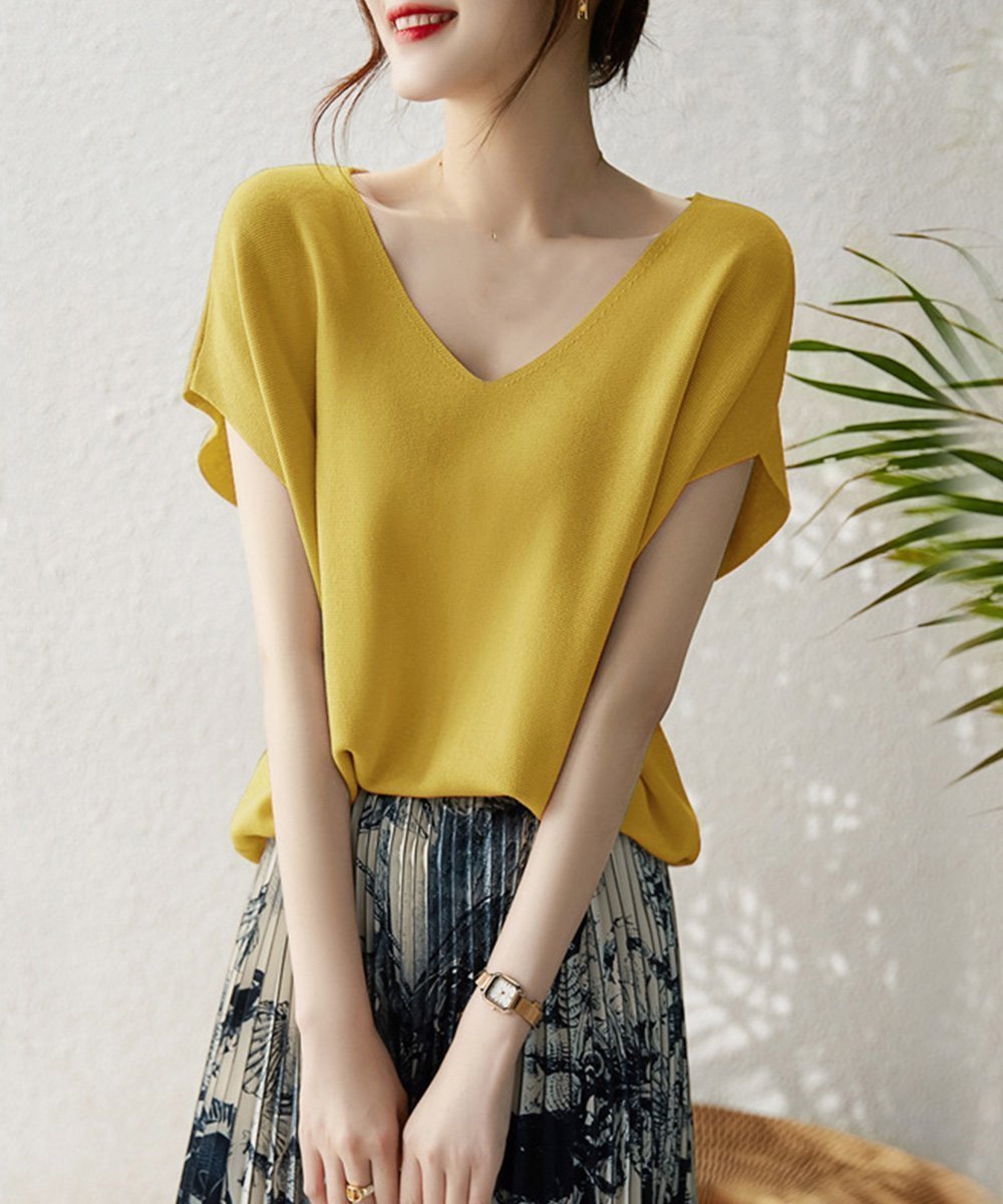 【ミニミニストア/miniministore】のニットトップス レディース 韓国春秋夏服 インテリア・キッズ・メンズ・レディースファッション・服の通販 founy(ファニー) 　ファッション　Fashion　レディースファッション　Fashion for Women　トップス・カットソー　Cut & Sew Tops　ニット　Knit Tops & Sweaters　イエロー　Yellow　サマー　Summer, Summer Style　ショルダー　Shoulder, Shoulder Strap　ドロップ　Drop Shoulder, Dropped Style　ボトム　Bottoms, Lower Wear　半袖　Short Sleeve, Half Sleeve　無地　Plain, Solid Color　ラベンダー　Lavender　夏　Summer　エレガント 上品　Elegant　ビジネス 仕事 通勤　Business / Work / Commuting　ライトイエロー|ID: prp329100004825458 ipo3291000000035099581