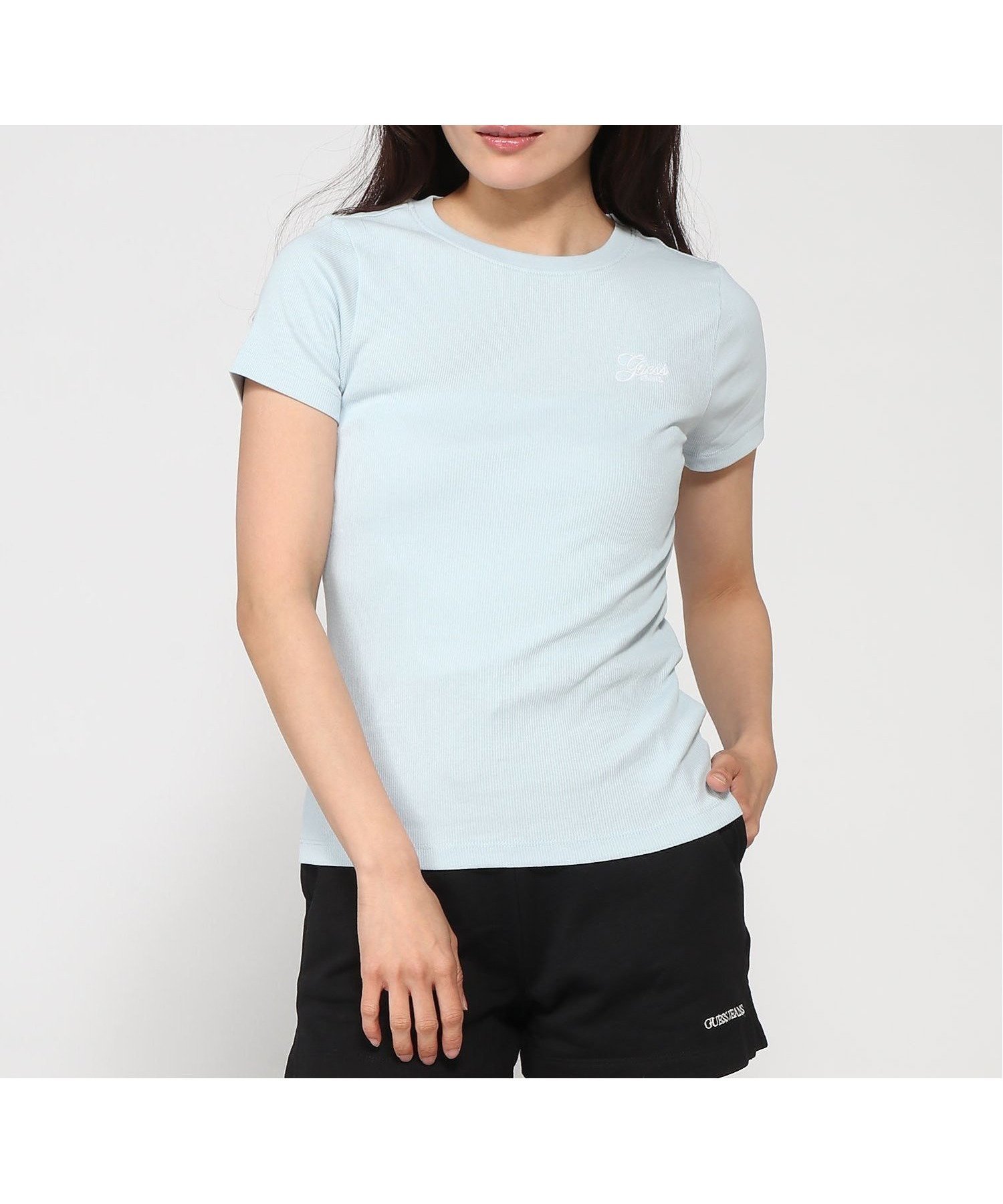 【ゲス/GUESS】のGUESS JEANS 半袖Tシャツ レディースCn Embro Slim Top インテリア・キッズ・メンズ・レディースファッション・服の通販 founy(ファニー) 　ファッション　Fashion　レディースファッション　Fashion for Women　トップス・カットソー　Cut & Sew Tops　シャツ・ブラウス・オフィスカジュアル　Elegant Blouses & Button-Ups　ロングTシャツ・Tシャツ　Longline T-Shirts & Tees　エンブロイダリー　Embroidery Design　コンパクト　Compact, Small Size　スリム　Slim, Slim Fit　ミックス　Mix, Mixed Style　半袖　Short Sleeve, Half Sleeve　ライトブルー|ID: prp329100004825465 ipo3291000000035099682