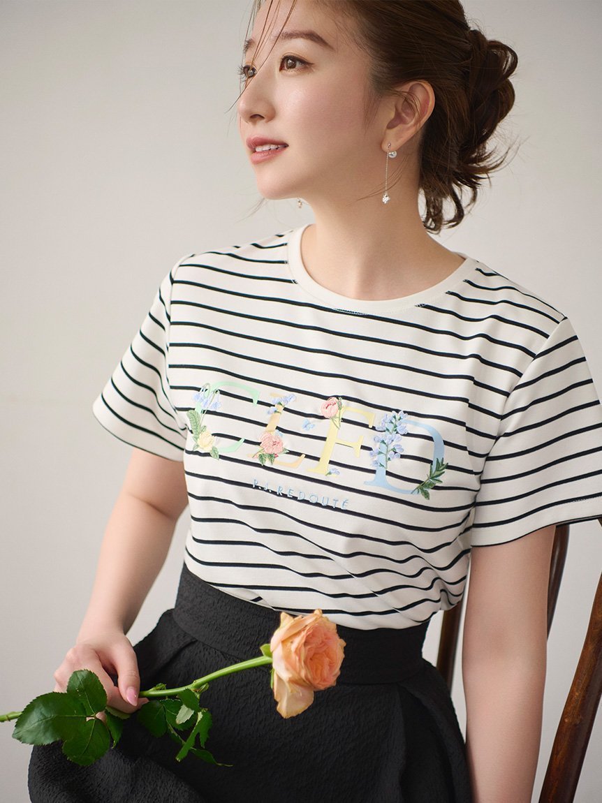 【セルフォード/CELFORD】の【CELFORD×P.J. REDOUTEコラボ】 エンブロイダリーTシャツ インテリア・キッズ・メンズ・レディースファッション・服の通販 founy(ファニー) 　ファッション　Fashion　レディースファッション　Fashion for Women　トップス・カットソー　Cut & Sew Tops　シャツ・ブラウス・オフィスカジュアル　Elegant Blouses & Button-Ups　ロングTシャツ・Tシャツ　Longline T-Shirts & Tees　エンブロイダリー　Embroidery Design　コラボ　Collaboration, Collab　スマート　Smart, Elegant　プリント　Print, Printed Pattern　ラグジュアリー　Luxury, Elegant　BORDER[933]|ID: prp329100004825538 ipo3291000000035100512