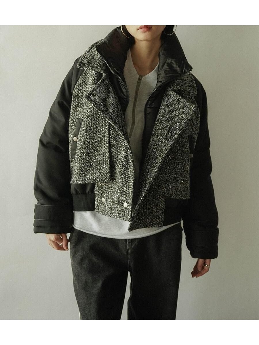 【ラシュッド/LASUD】のツイードドッキングデザインアウター 人気、トレンドファッション・服の通販 founy(ファニー) ファッション Fashion レディースファッション Fashion for Women アウター Coat / Outerwear Collection コンパクト Compact, Small Size シンプル Simple, Minimal ジャケット Jacket, Outerwear スタンド Stand Collar, Upright Stand スパンコール Sequins, Sequin Embellishment ダウン Down, Puffer ツイード Twill, Twill Weave エレガント 上品 Elegant other-1|ID: prp329100004826036 ipo3291000000035111578