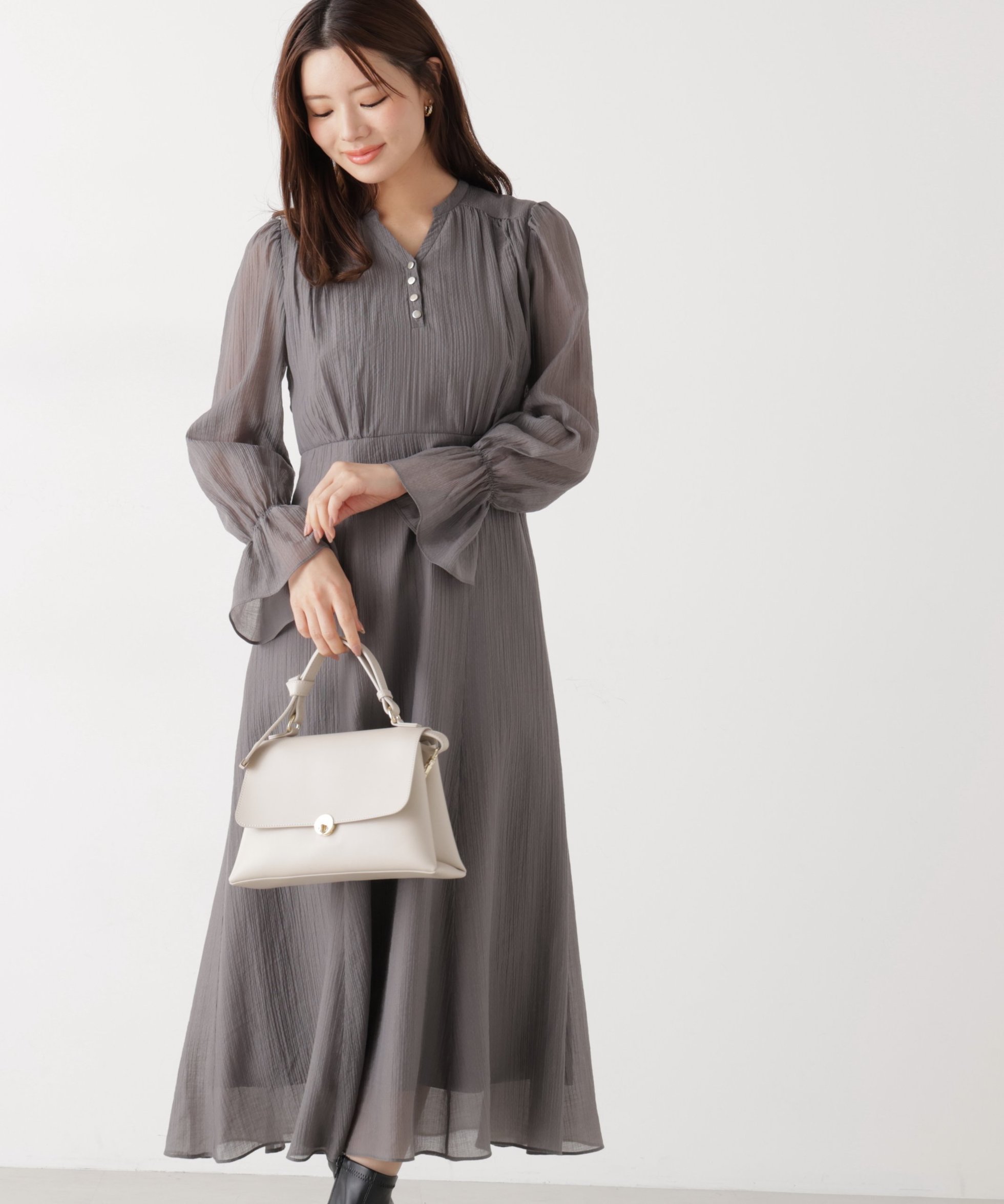 【プロポーション ボディドレッシング/PROPORTION BODY DRESSING】のバックレースアップレディワンピース インテリア・キッズ・メンズ・レディースファッション・服の通販 founy(ファニー) 　ファッション　Fashion　レディースファッション　Fashion for Women　ワンピース　Dresses　シアー　Sheer, See-Through　スリーブ　Sleeve, Long Sleeve / Short Sleeve　フェミニン　Feminine, Girly　フロント　Front, Front Design　レース　Lace, Lace Fabric　チャコール2|ID: prp329100004826082 ipo3291000000035112366