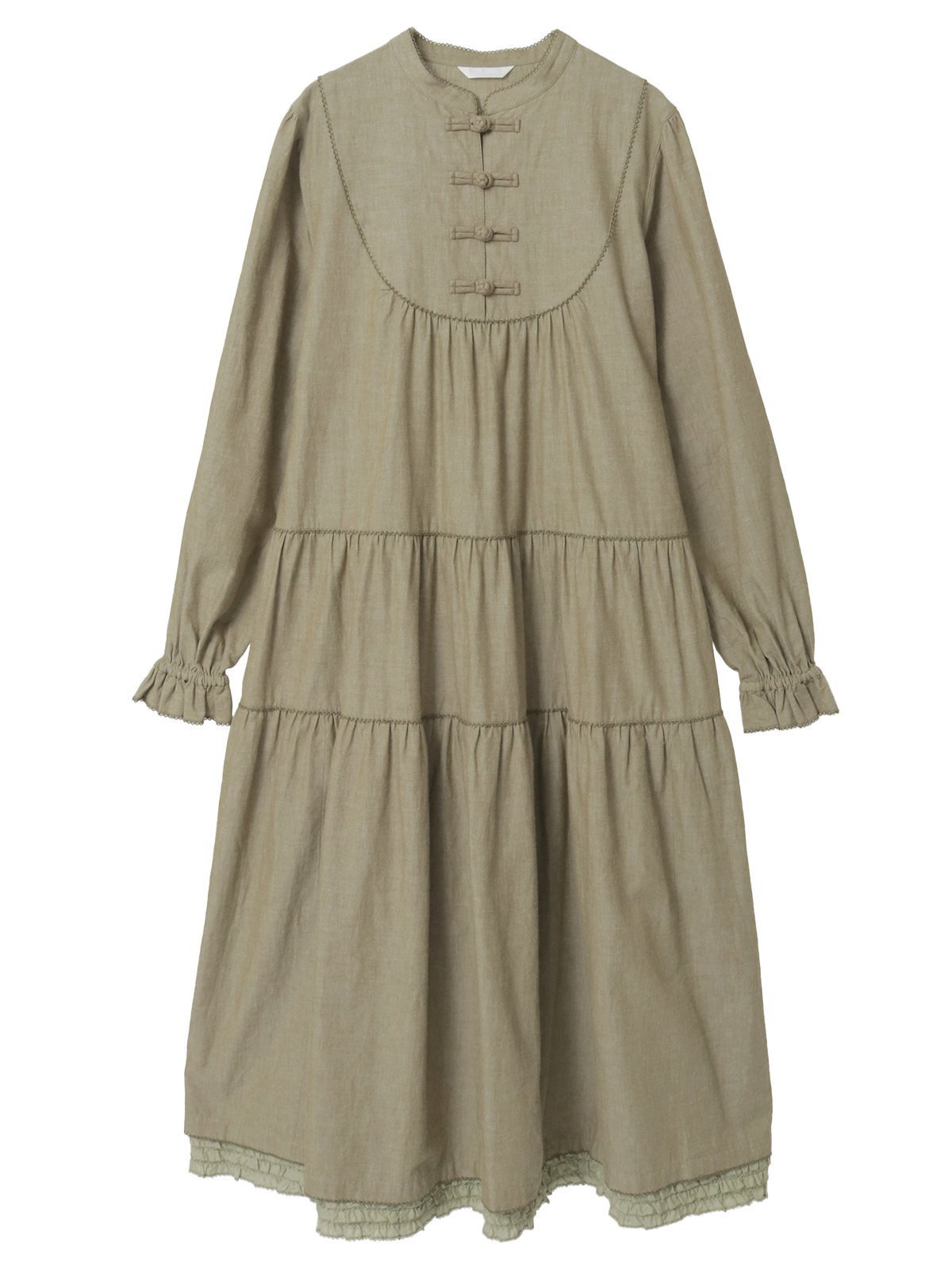 【ピンクハウス/PINK HOUSE】のローンフリル使いダンガリーワンピース インテリア・キッズ・メンズ・レディースファッション・服の通販 founy(ファニー) 　ファッション　Fashion　レディースファッション　Fashion for Women　ワンピース　Dresses　スタンド　Stand Collar, Upright Stand　ダンガリー　Dungaree, Chambray　ネップ　Nepp, Slub Yarn　フリル　Frill, Ruffle　フロント　Front, Front Design　ヨーク　Yoke, Yoke Design　エレガント 上品　Elegant　春　Spring　カーキ|ID: prp329100004826087 ipo3291000000035112421