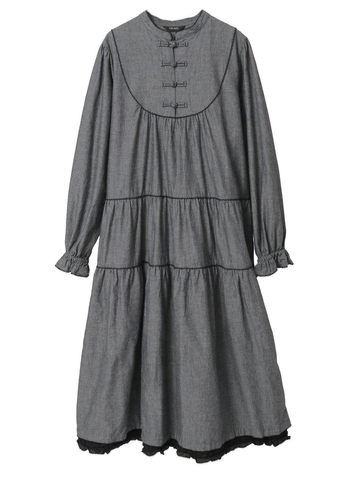 【ピンクハウス/PINK HOUSE】のローンフリル使いダンガリーワンピース インテリア・キッズ・メンズ・レディースファッション・服の通販 founy(ファニー) 　ファッション　Fashion　レディースファッション　Fashion for Women　ワンピース　Dresses　スタンド　Stand Collar, Upright Stand　ダンガリー　Dungaree, Chambray　ネップ　Nepp, Slub Yarn　フリル　Frill, Ruffle　フロント　Front, Front Design　ヨーク　Yoke, Yoke Design　エレガント 上品　Elegant　春　Spring　クロ|ID: prp329100004826087 ipo3291000000035112422