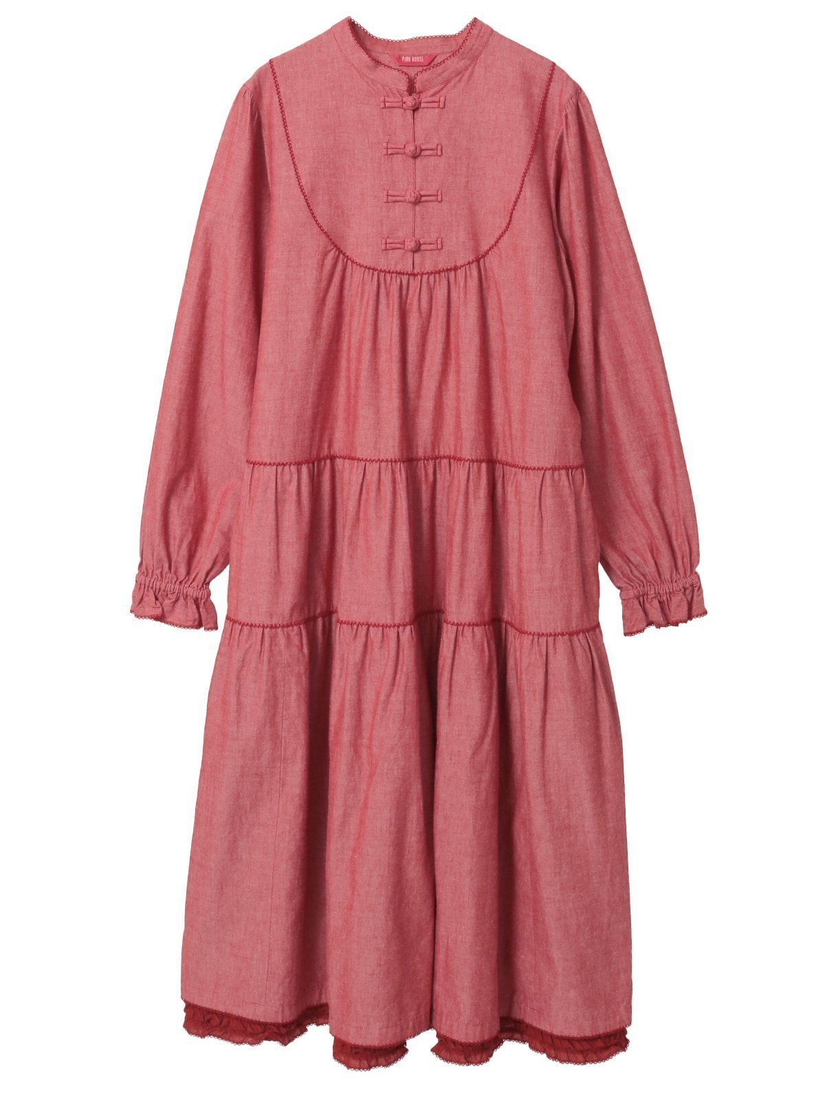 【ピンクハウス/PINK HOUSE】のローンフリル使いダンガリーワンピース インテリア・キッズ・メンズ・レディースファッション・服の通販 founy(ファニー) 　ファッション　Fashion　レディースファッション　Fashion for Women　ワンピース　Dresses　スタンド　Stand Collar, Upright Stand　ダンガリー　Dungaree, Chambray　ネップ　Nepp, Slub Yarn　フリル　Frill, Ruffle　フロント　Front, Front Design　ヨーク　Yoke, Yoke Design　エレガント 上品　Elegant　春　Spring　アカ|ID: prp329100004826087 ipo3291000000035112424